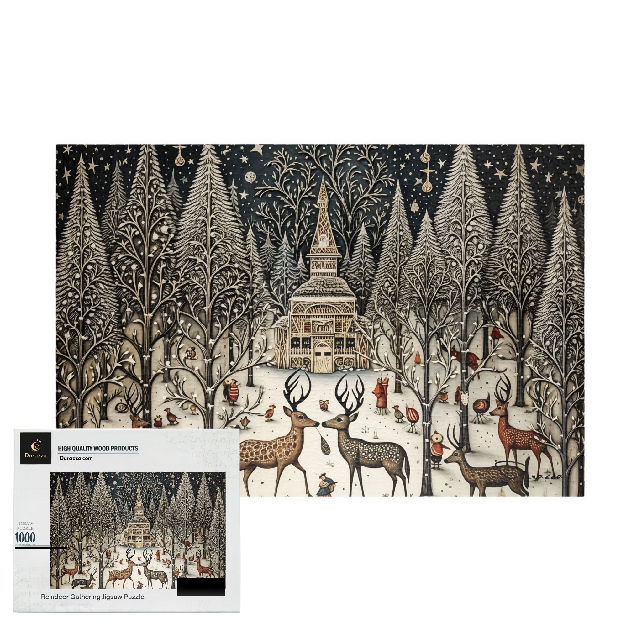 Durazza 1000 piece Jigsaw puzzle packaging with a winter scene featuring trees and deer.