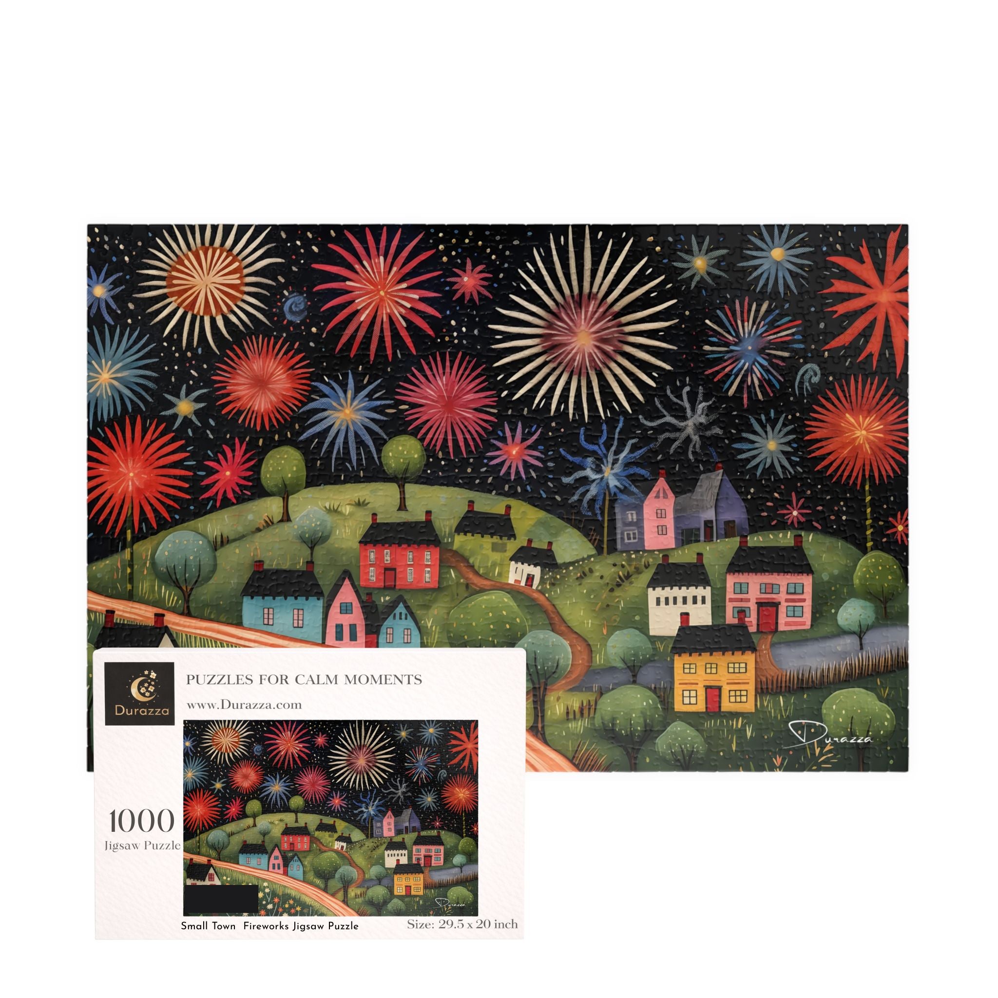 1000 piece Jigsaw puzzle with a colorful fireworks display over a village scene with a Durazza box.