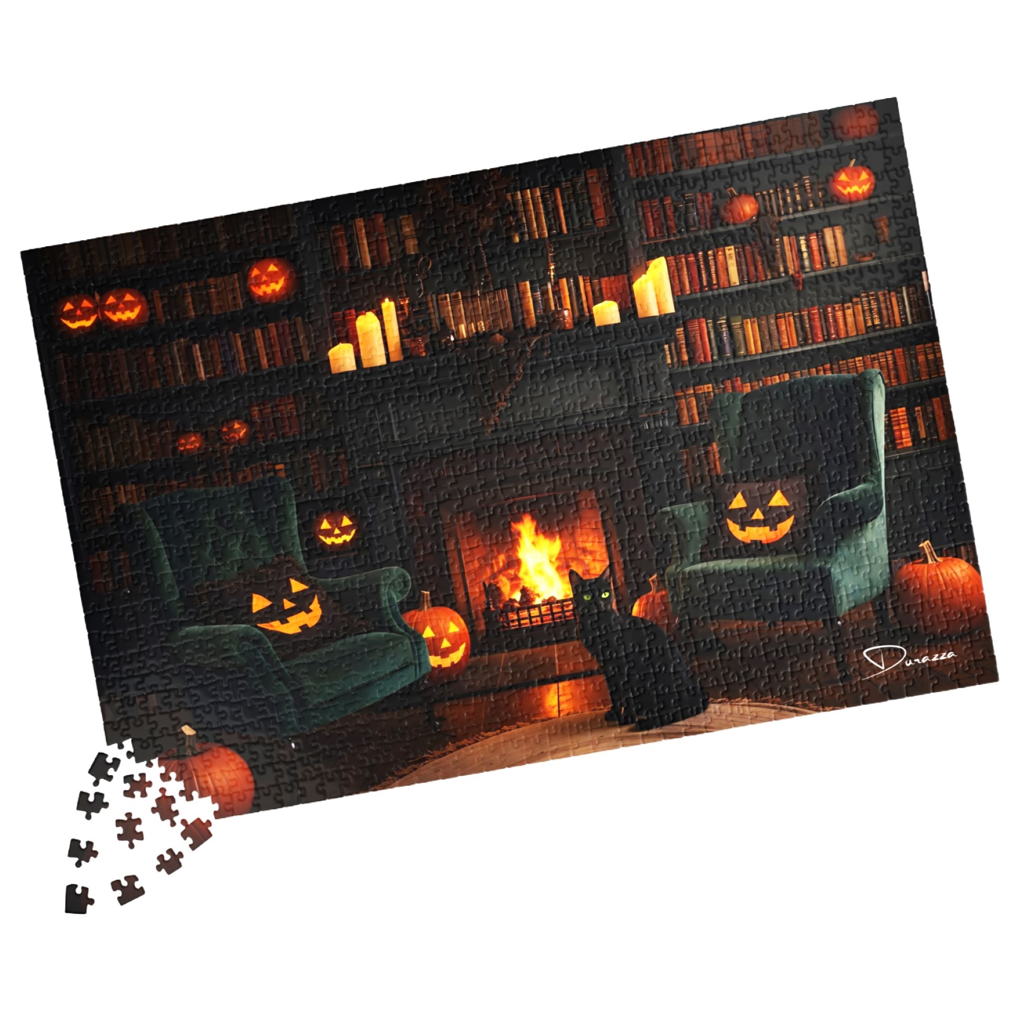 Halloween-themed puzzle with pumpkins and a fireplace on a white background