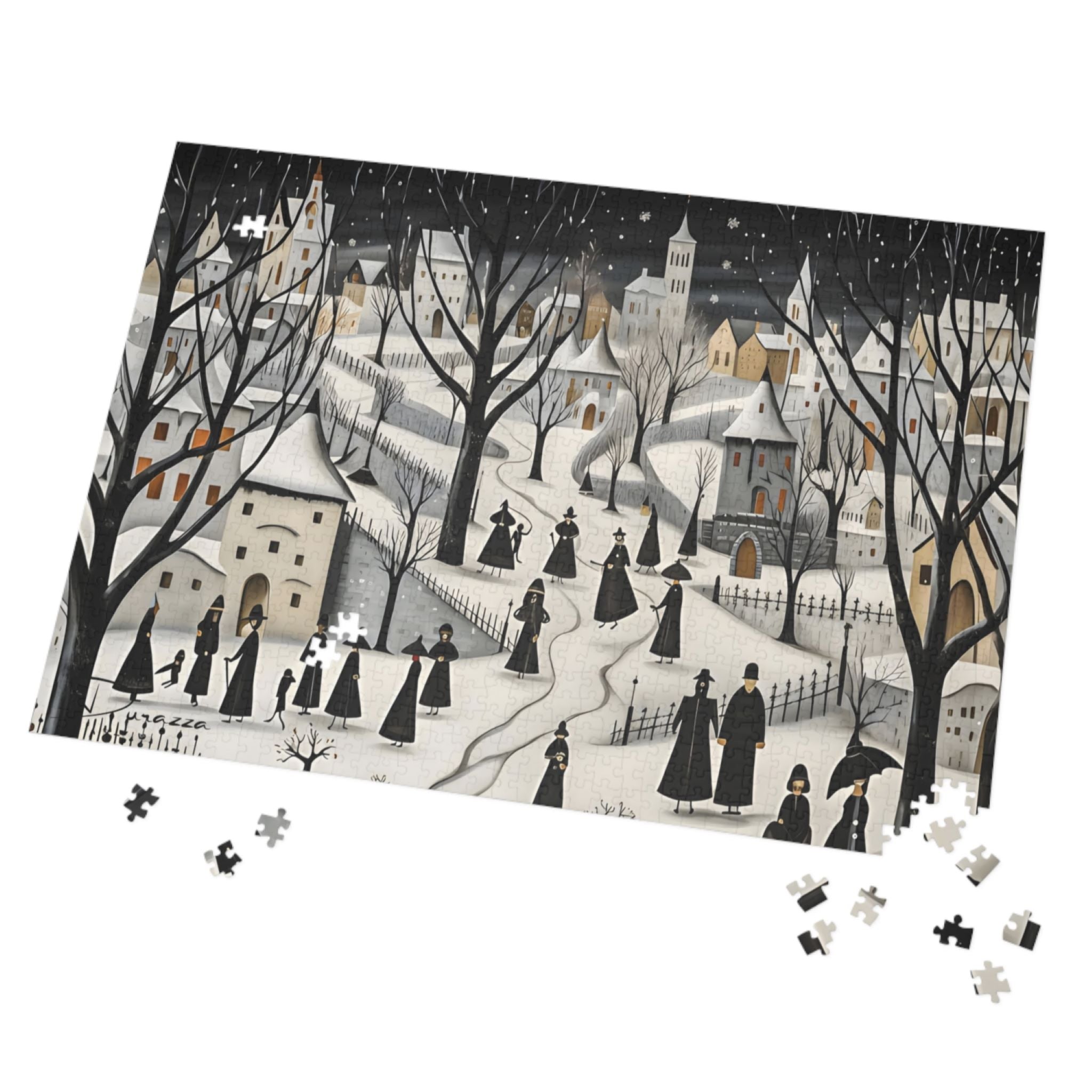 1000 piece Jigsaw puzzle with a snowy, winter village scene.