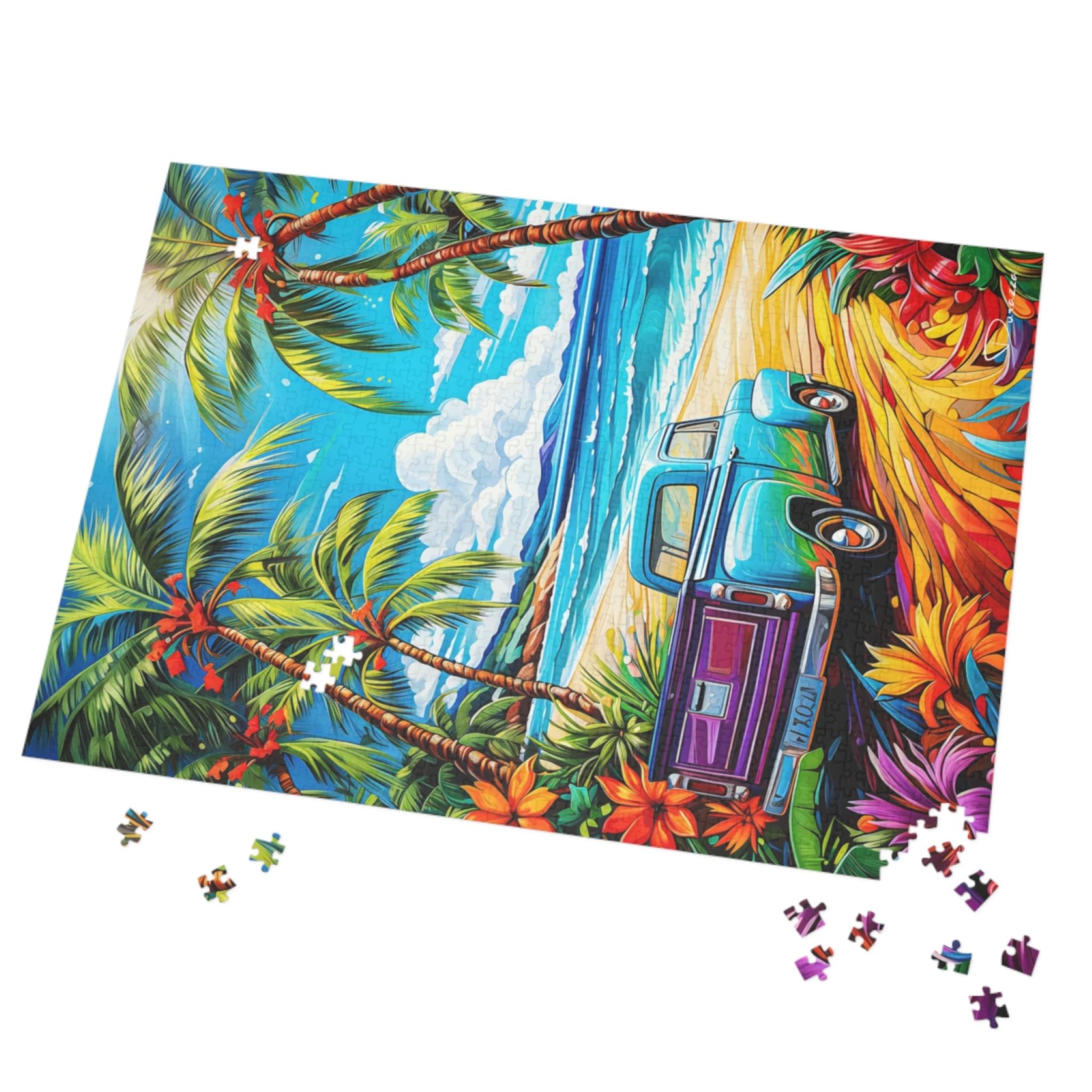 Colorful puzzle with a car and tropical design on a white background