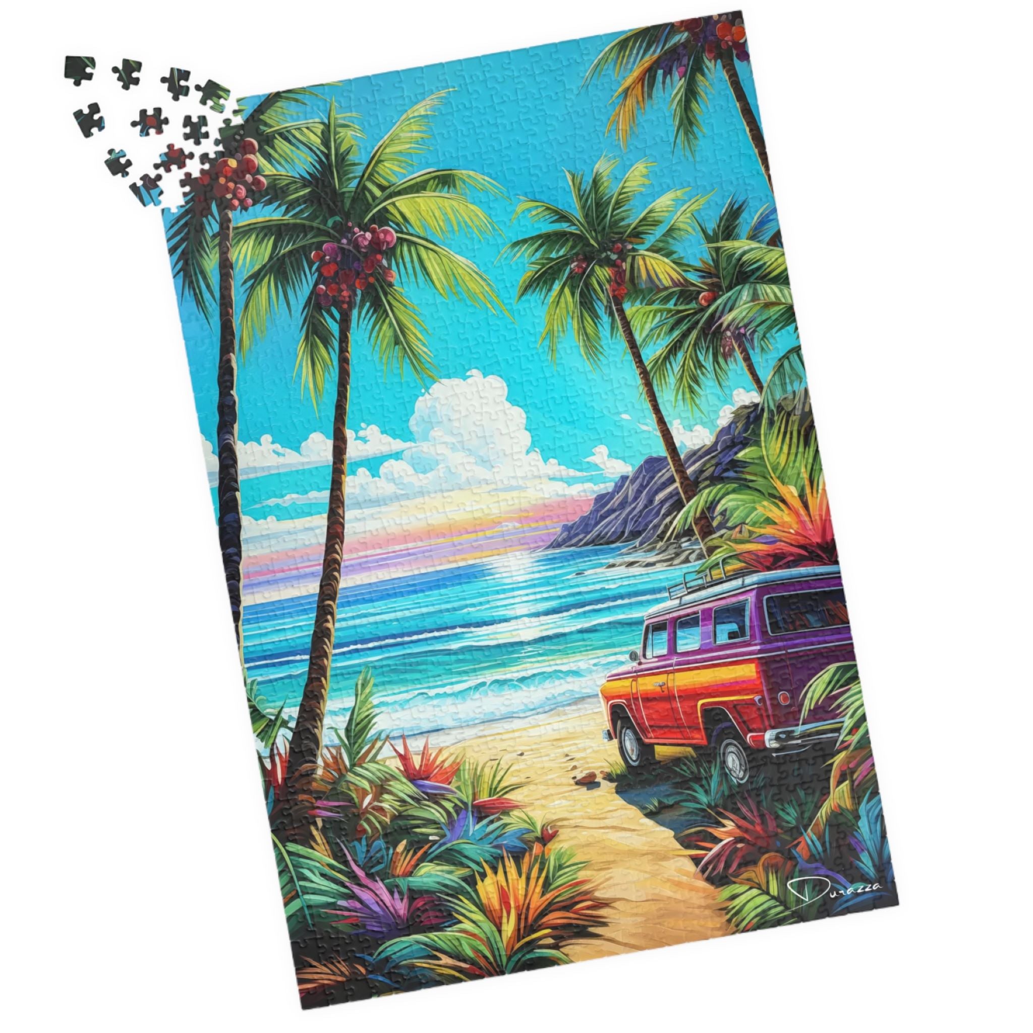 Tropical beach scene with a van and palm trees on a jigsaw puzzle.