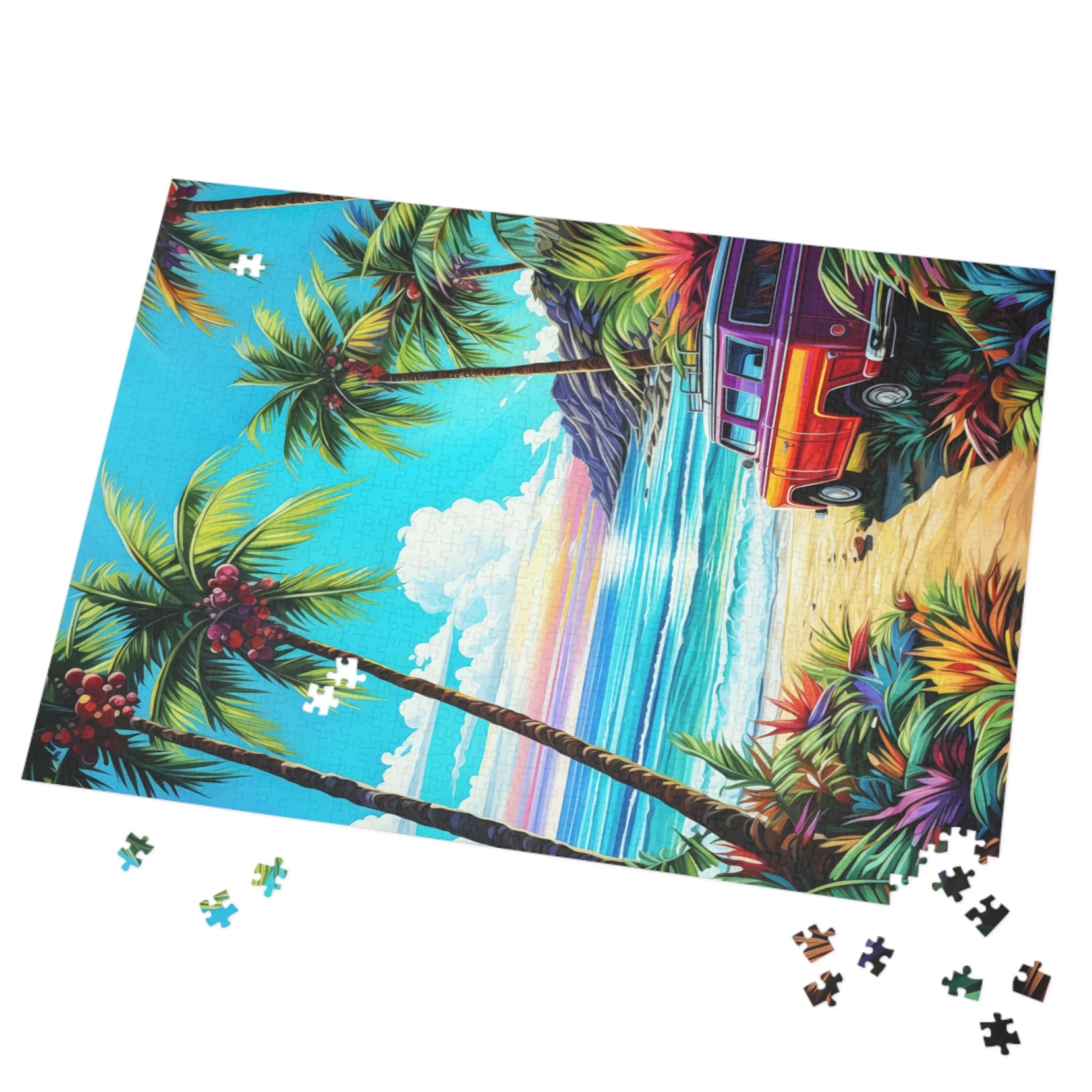 Colorful tropical scene puzzle with missing pieces on a white background