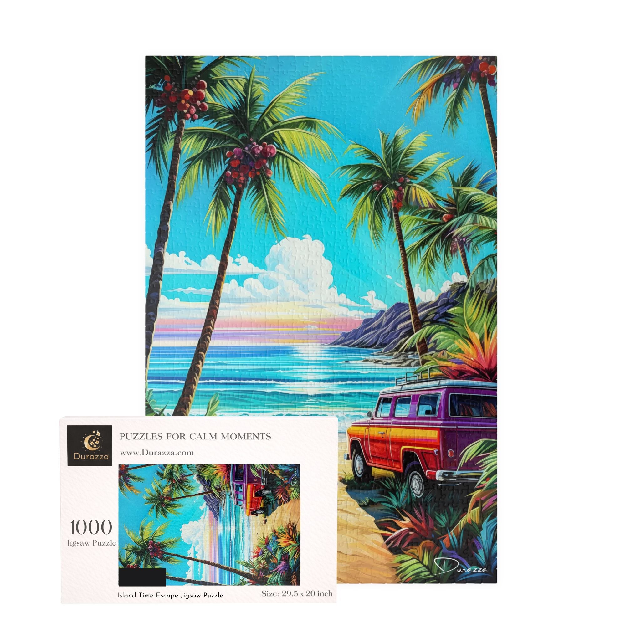 1000 piece Jigsaw puzzle with a tropical scene featuring palm trees, a van, and Durazza packaging