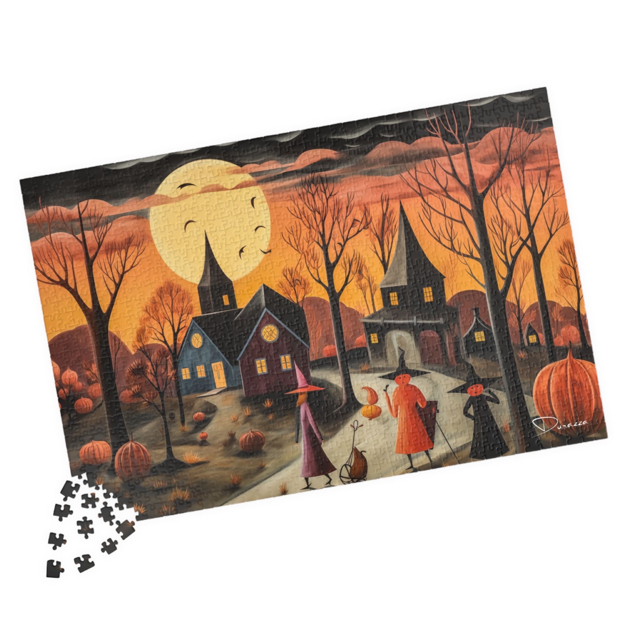 Halloween-themed puzzle with a village scene, pumpkins, and full moon on a white background.