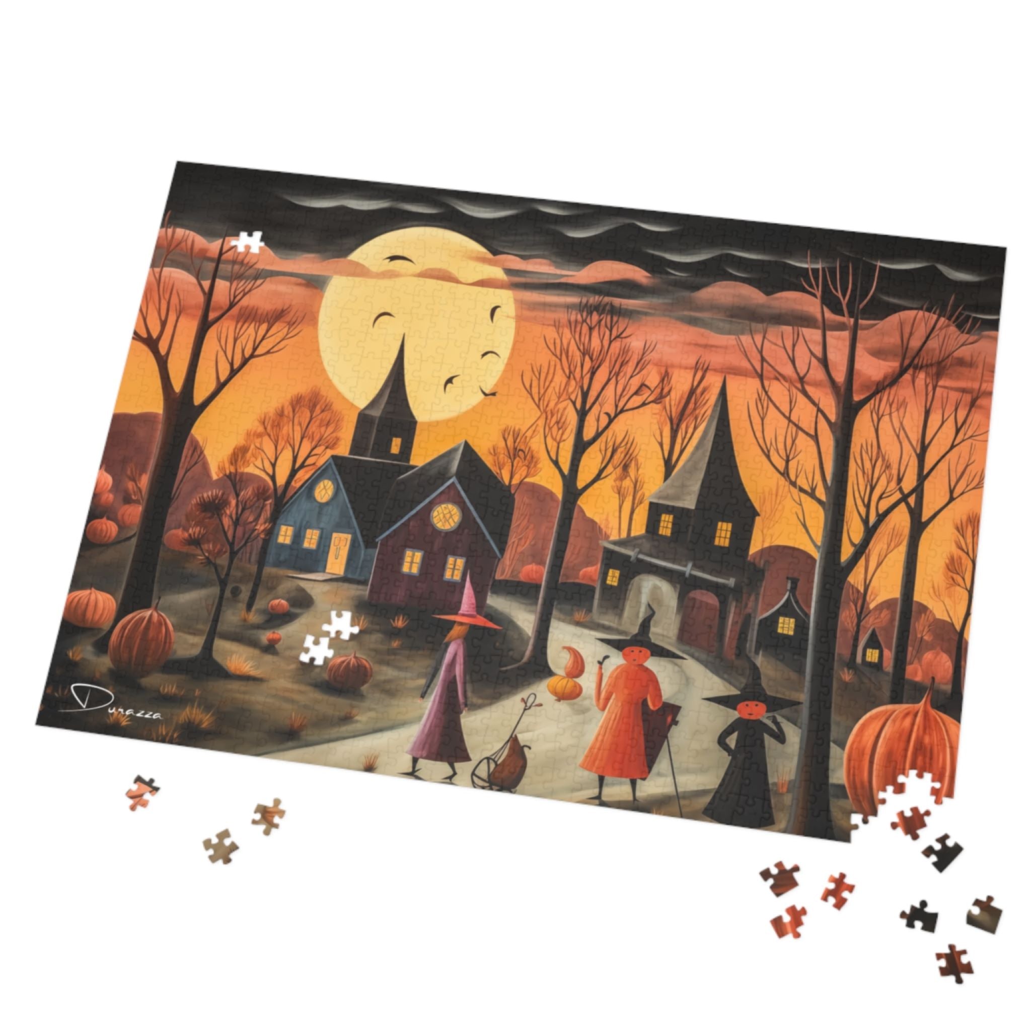 Halloween-themed puzzle with witches and pumpkins on a dark sky background