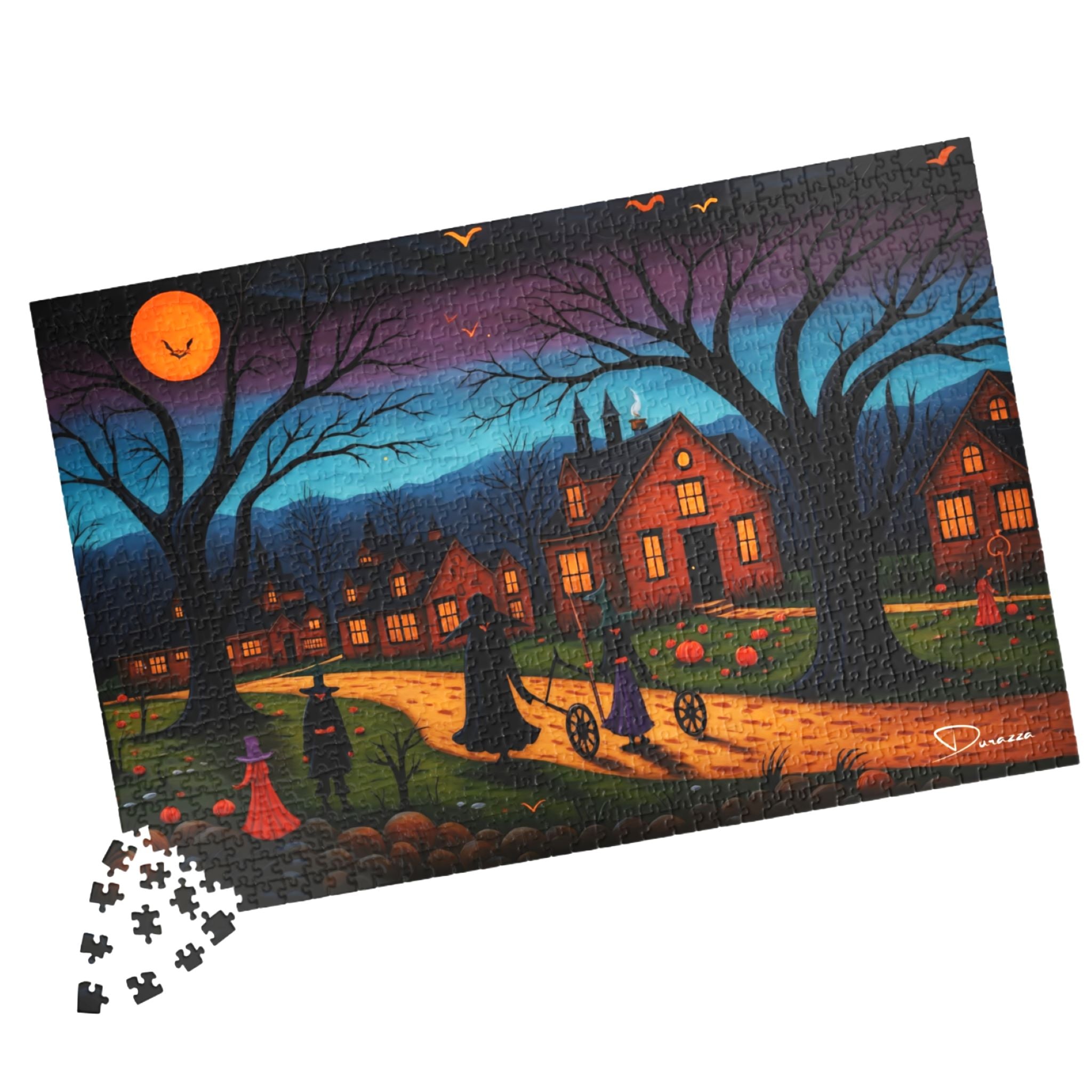 1000 piece Halloween jigsaw puzzle with a dark street scene featuring houses and pumpkins.