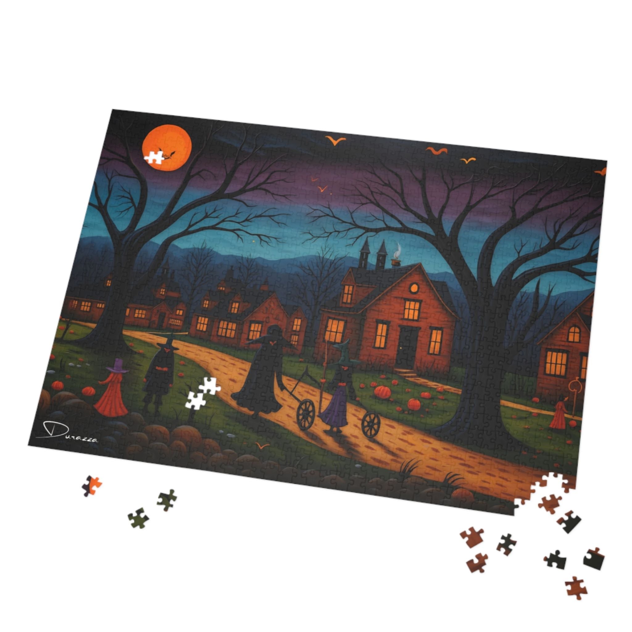 Halloween-themed puzzle with 500 pieces scattered on a white background