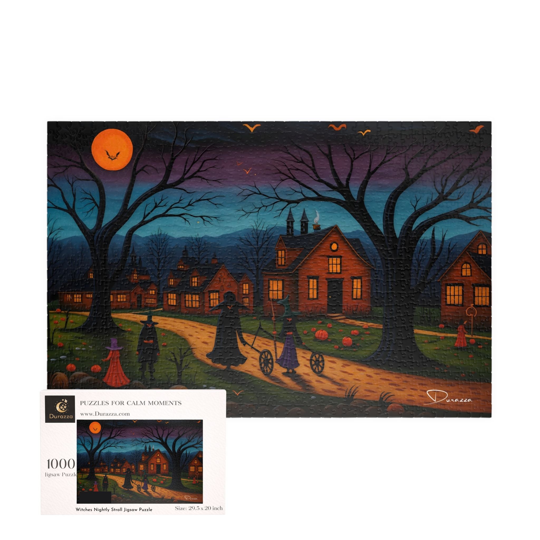 Halloween-themed puzzle with a dark scene of houses, trees, and people on a durazza box.