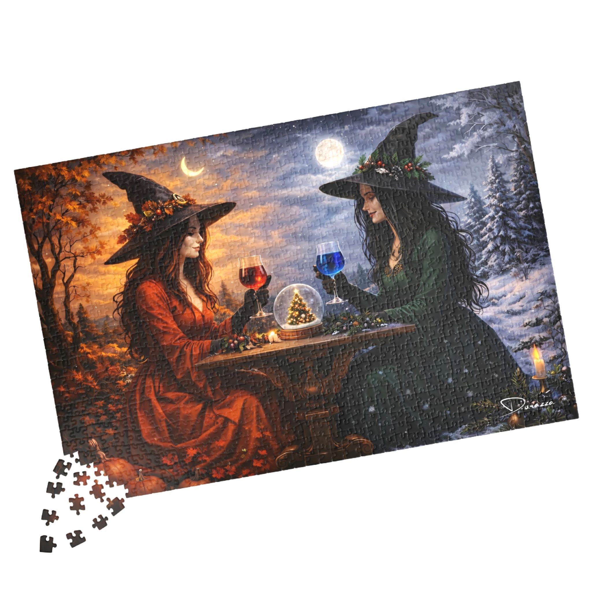 1000 piece Jigsaw puzzle with two witches at a table in a snowy landscape