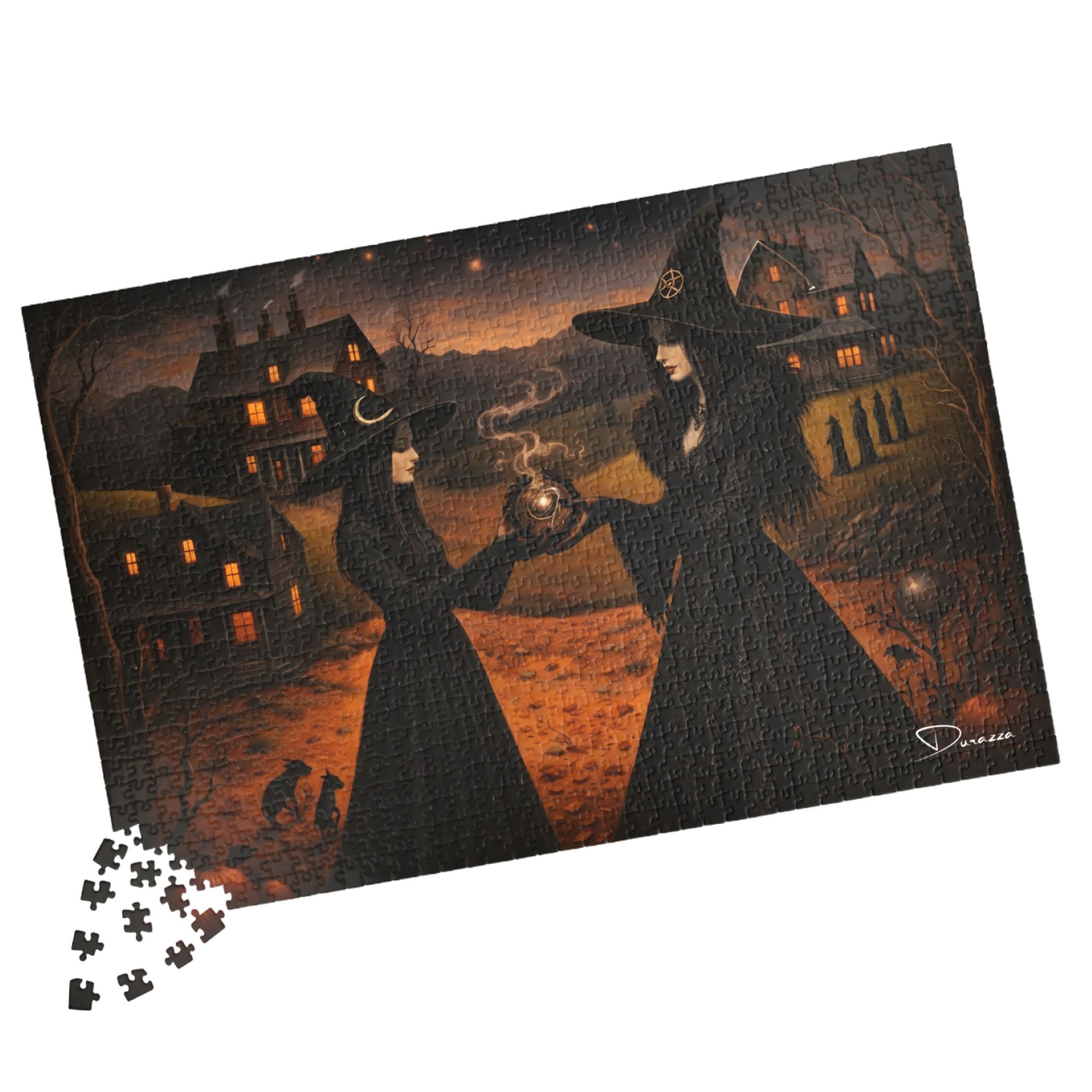 Gothic Jigsaw puzzle with two witches  in dark clothing and hats holding a lantern against a night scene with houses.