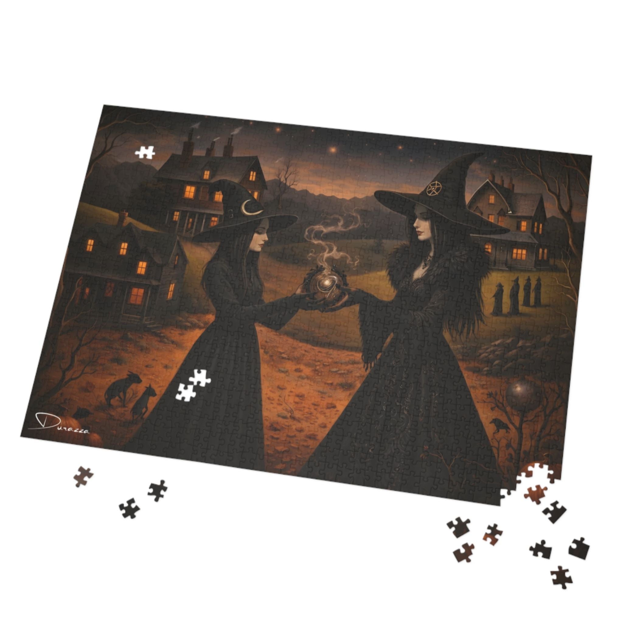 Mystical Jigsaw puzzle with two witches in a dark, eerie landscape with scattered pieces.