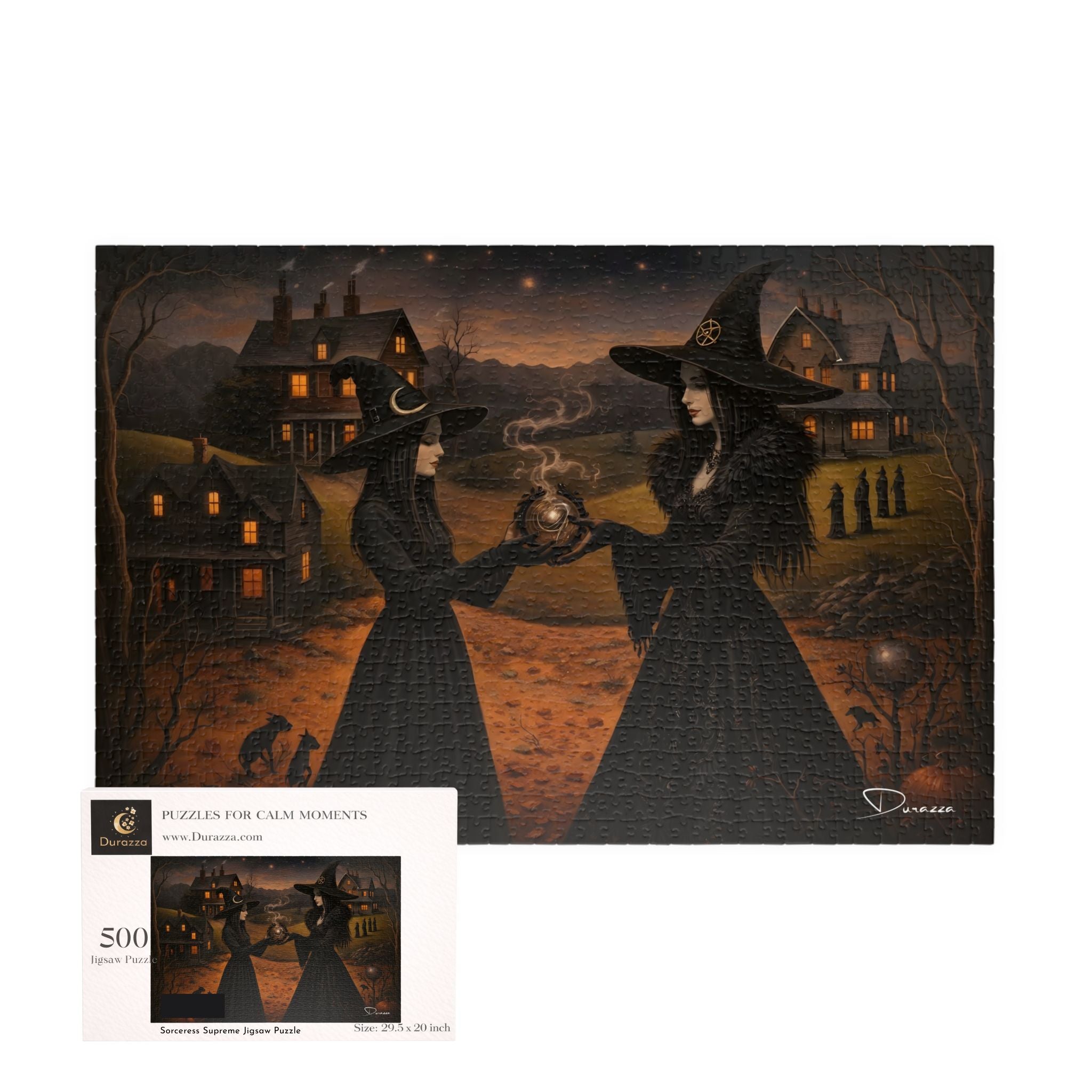 Jigsaw puzzle featuring two witches in a dark, eerie landscape, and a 500 piece Durazza box.