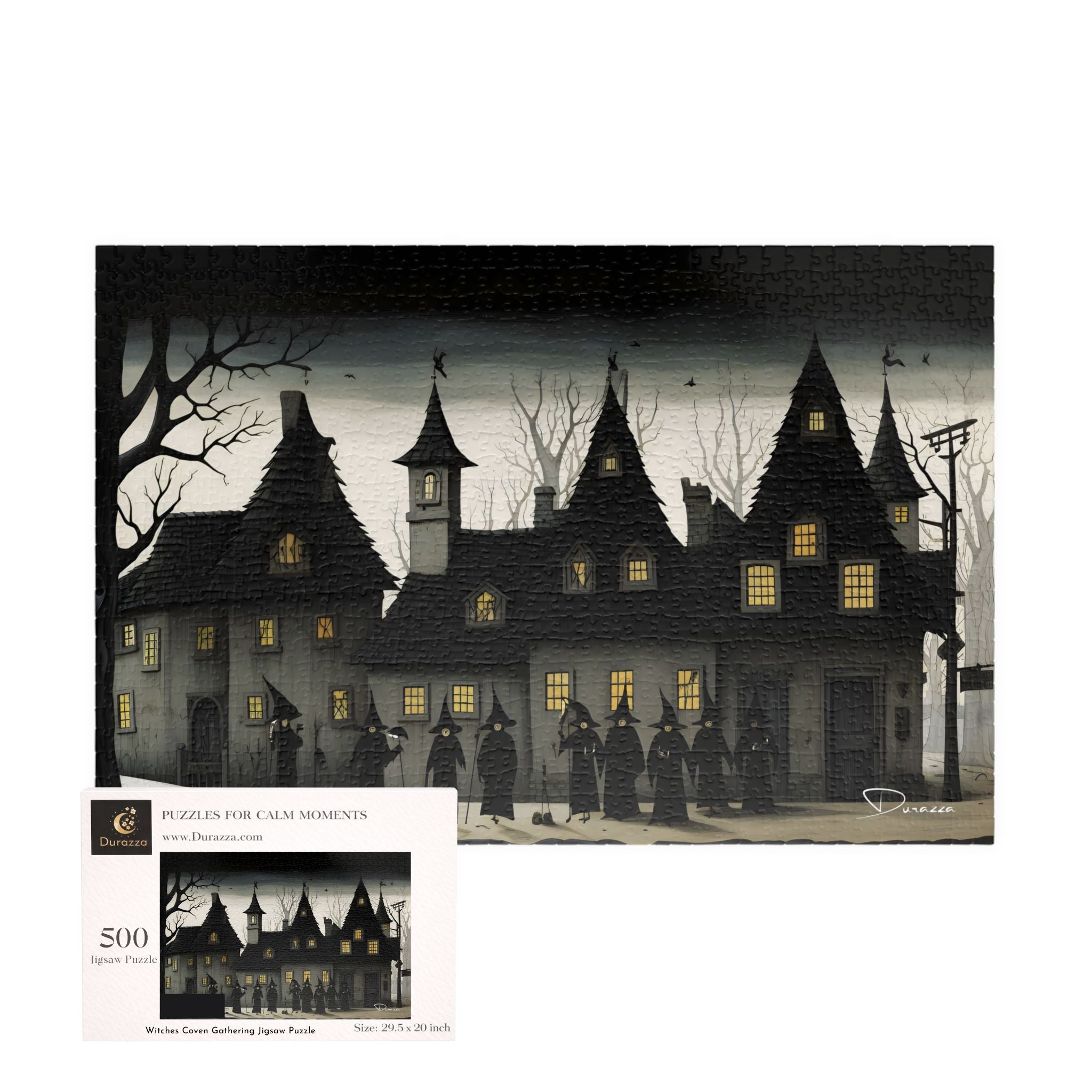 Halloween 500 piece jigsaw puzzle with a haunted house illustration, and Durazza box.
