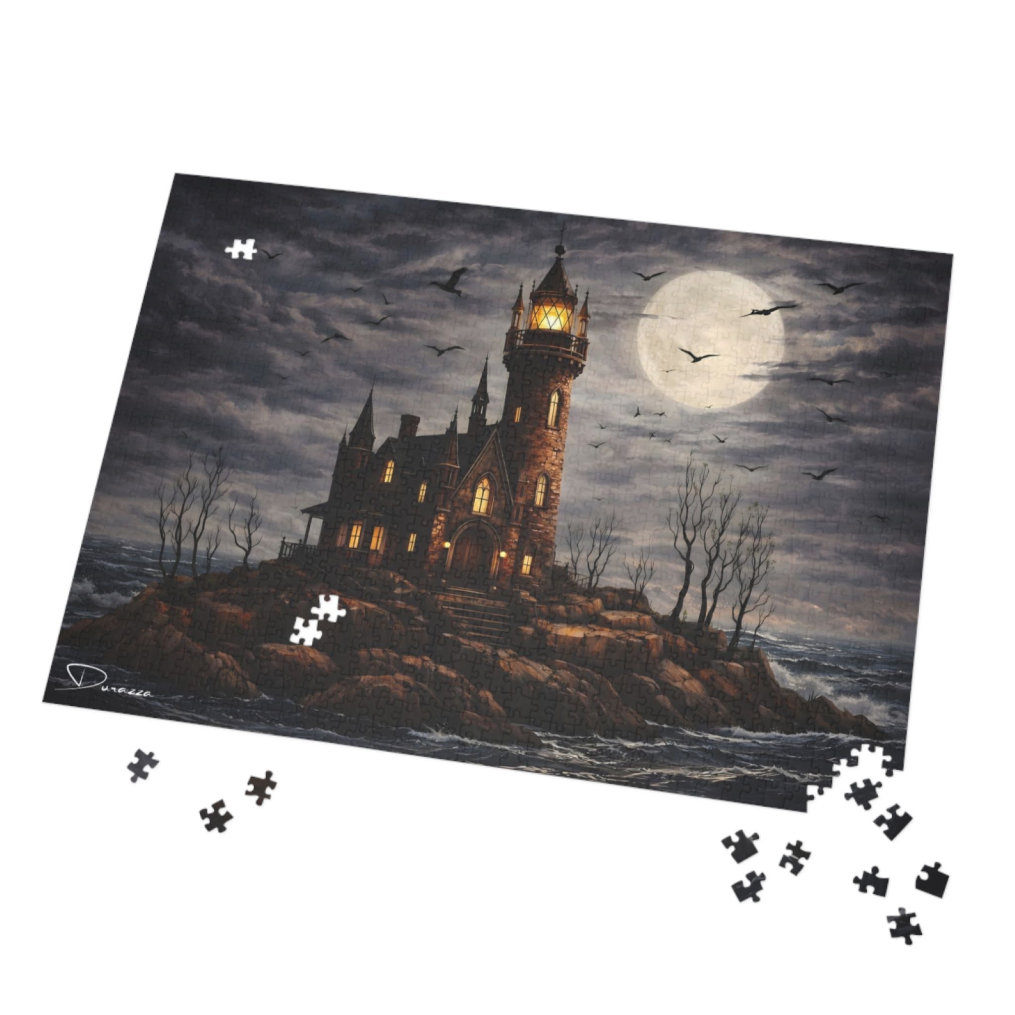 Jigsaw puzzle with a lighthouse on an island design, featuring a moonlit sky and dark ocean.