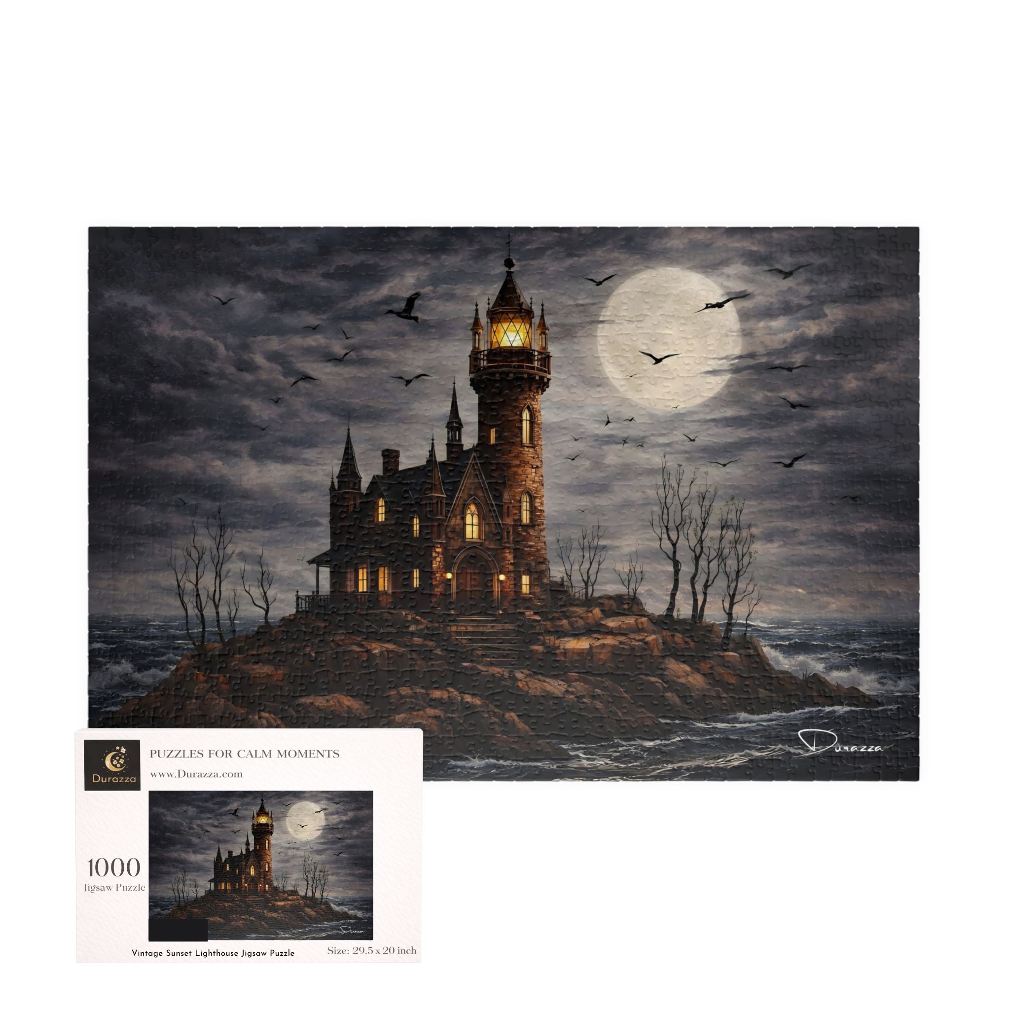 Gothic lighthouse jigsaw puzzle in a moonlit scene with dark sky, and Durazza 1000 piece box.