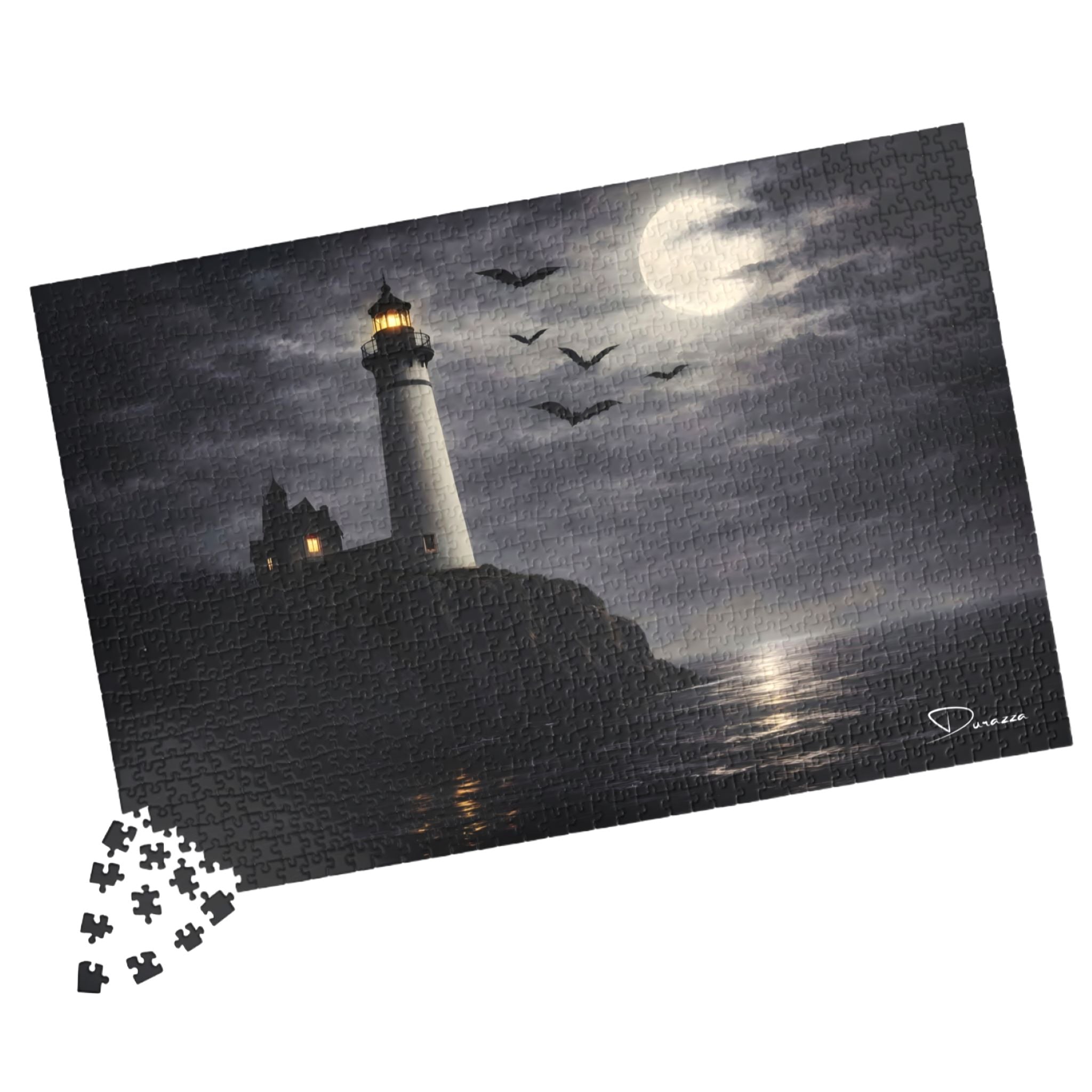 Gothic Lighthouse Jigsaw puzzle featuring  a dark sky with moon and bats.