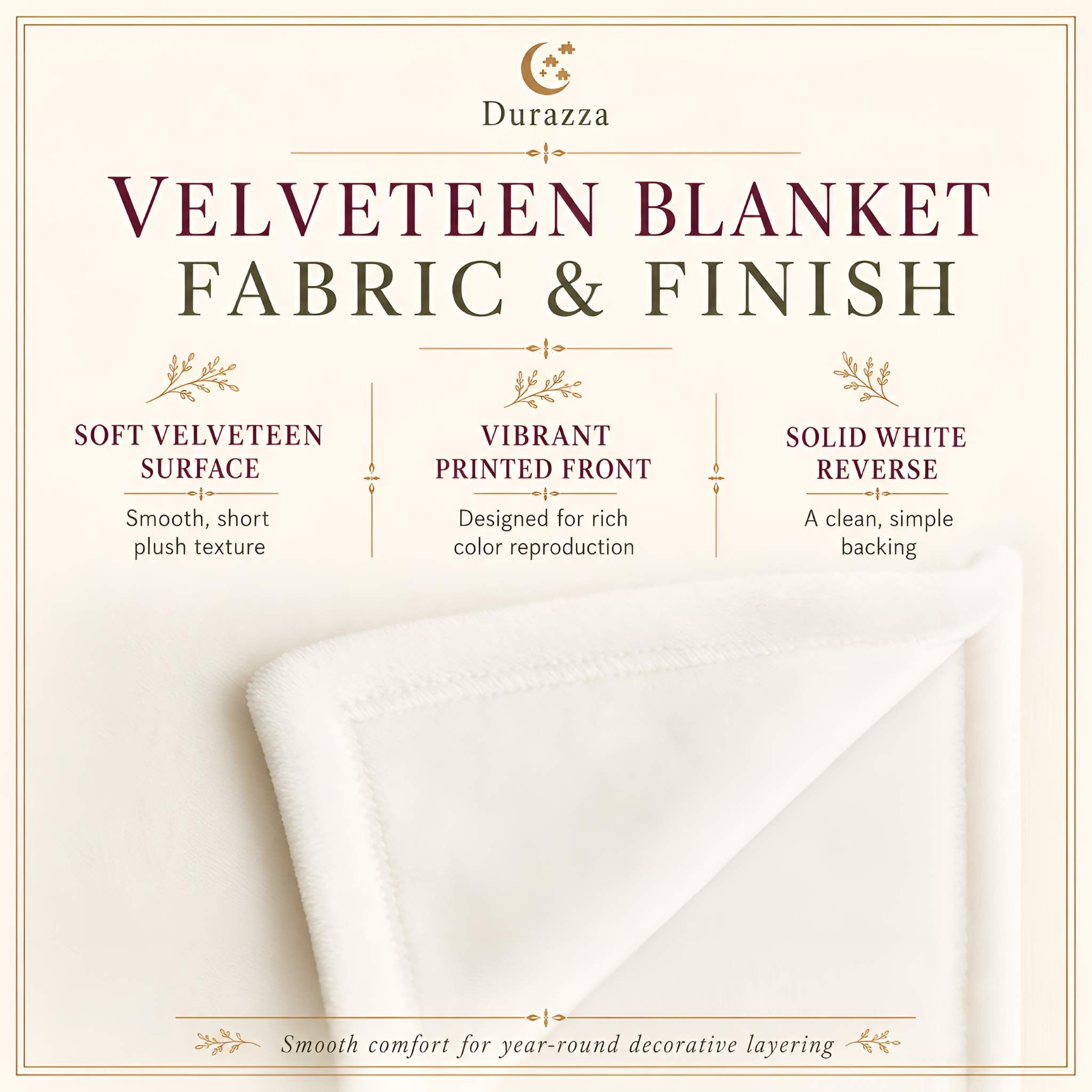 Promotional graphic for the Durazza Velveteen Blanket, showing a folded white blanket on a cream background with text describing its velvet surface, vibrant printed front, and solid white reverse.