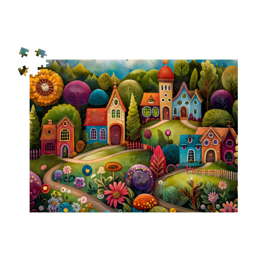 Vibrant Whimsical Village Jigsaw Puzzle: 500 or 1000 Piece