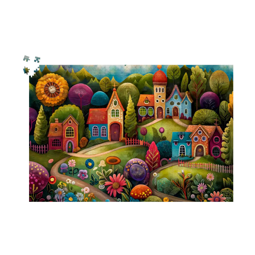 Vibrant Whimsical Village Jigsaw Puzzle: 500 or 1000 Piece