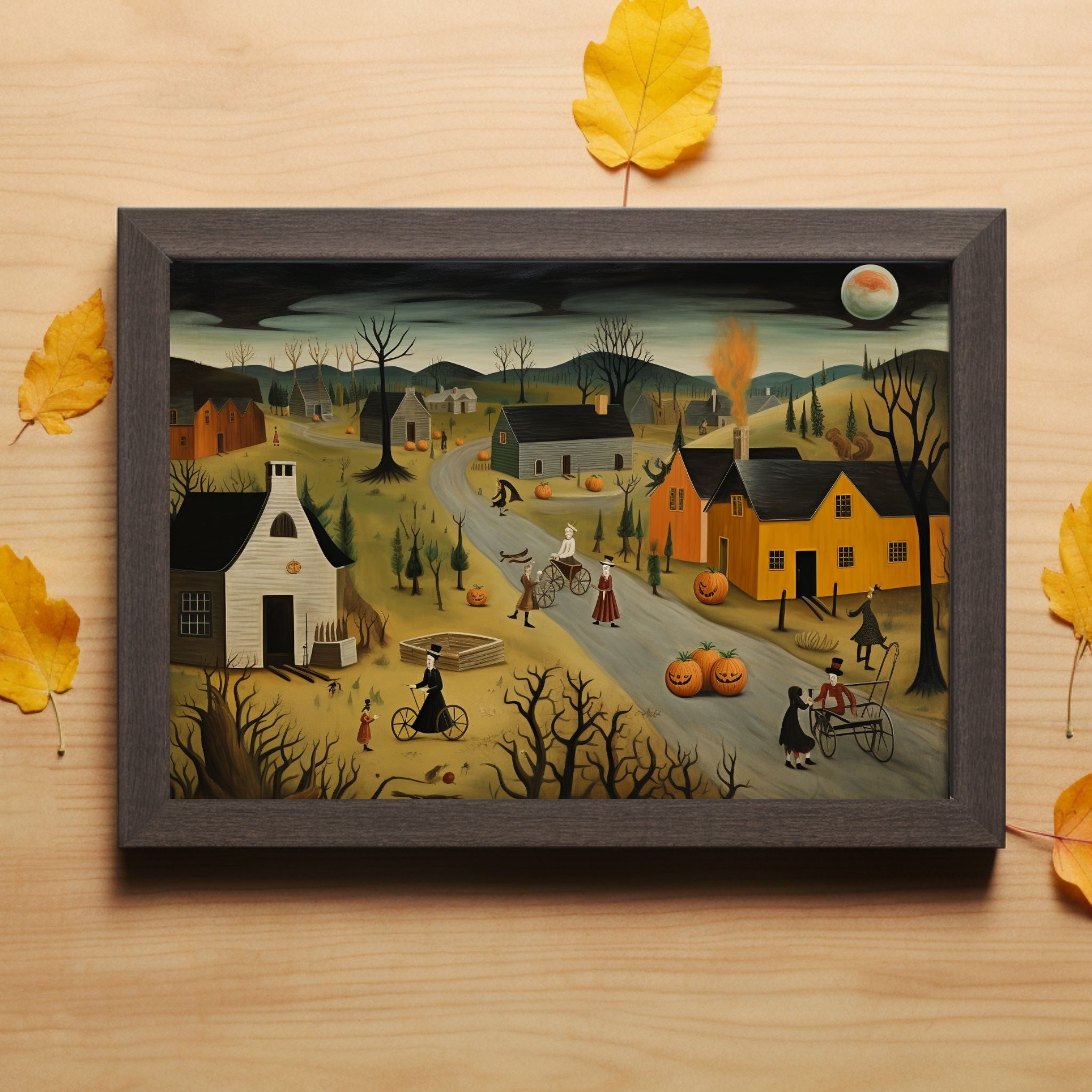 Village Autumn Harvest Satin Art Print: Contemporary Folk Art