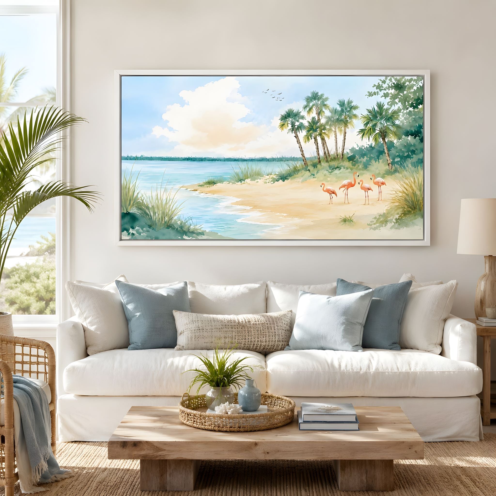 Living room with a large framed painting of a beach scene with flamingos above a white sofa.