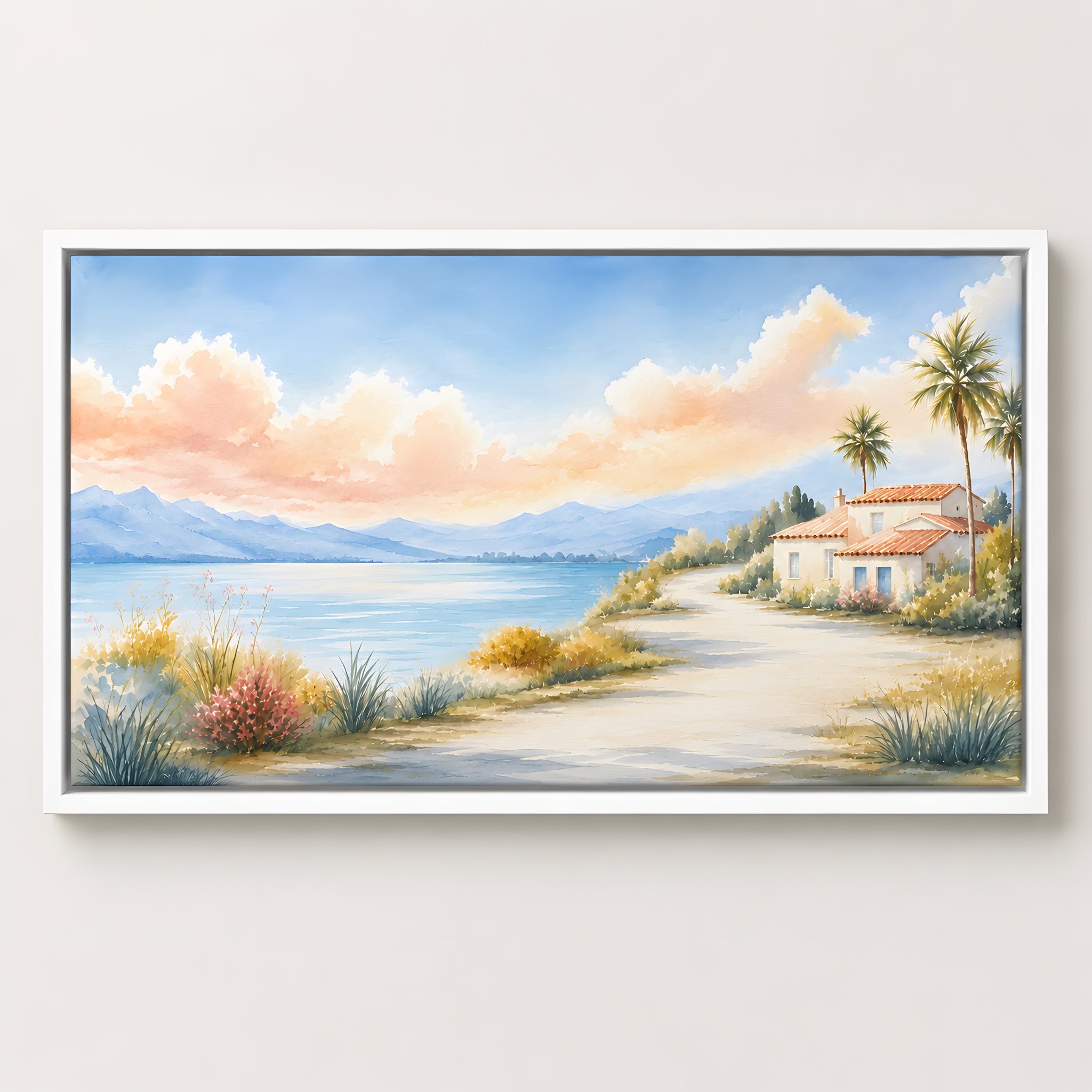 Framed artwork of a coastal scene with a house, palm trees, and mountains.