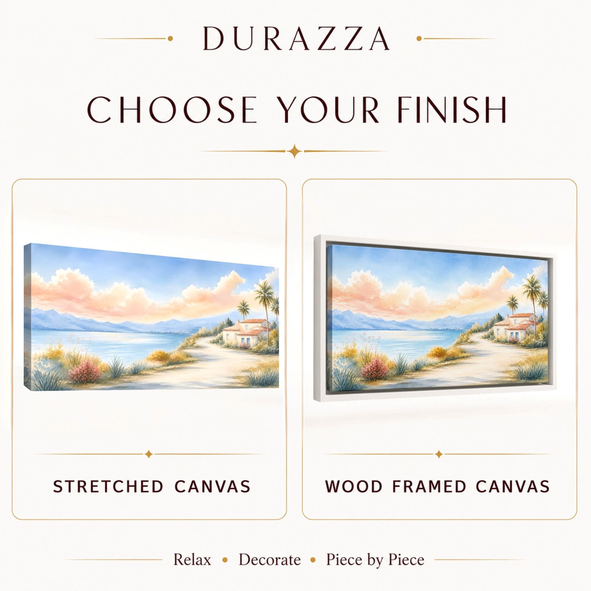 Choose either a stretched canvas art piece or a white wood framed stretched canvas wall art.