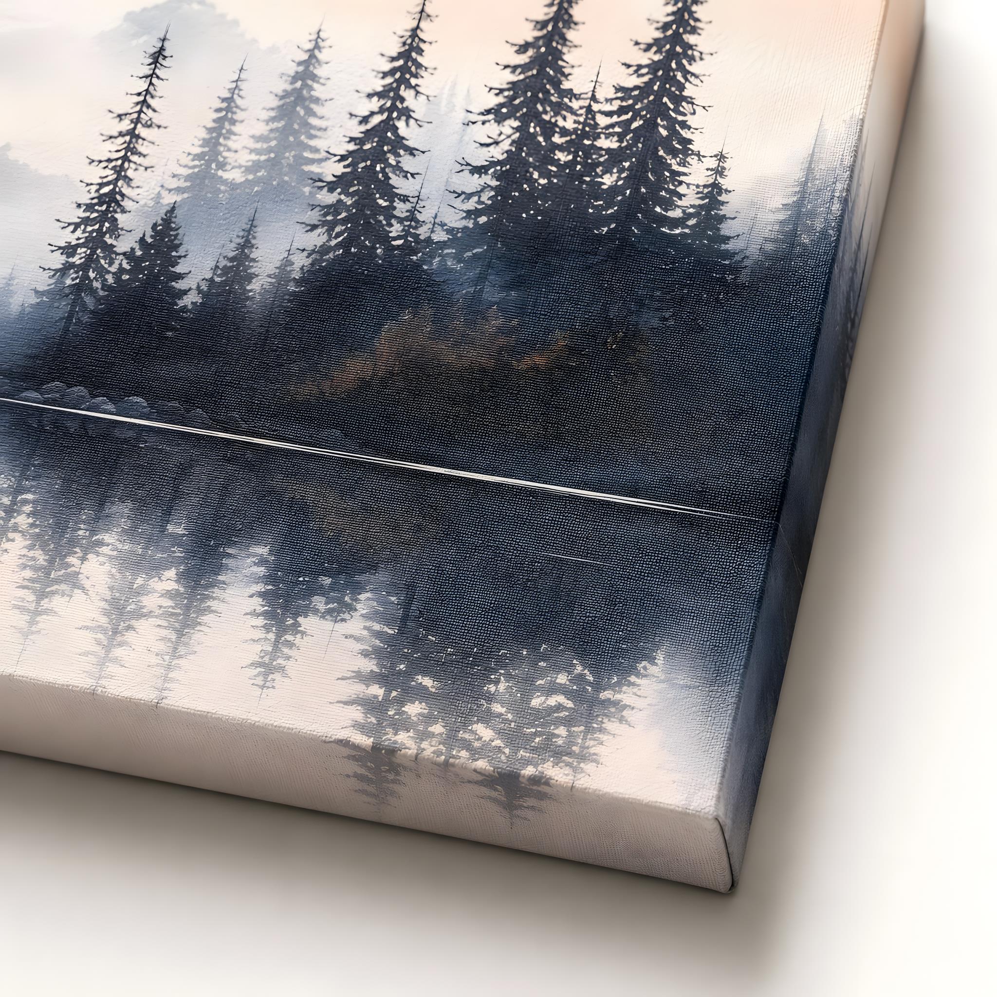 Close up of stretched canvas with misty trees.