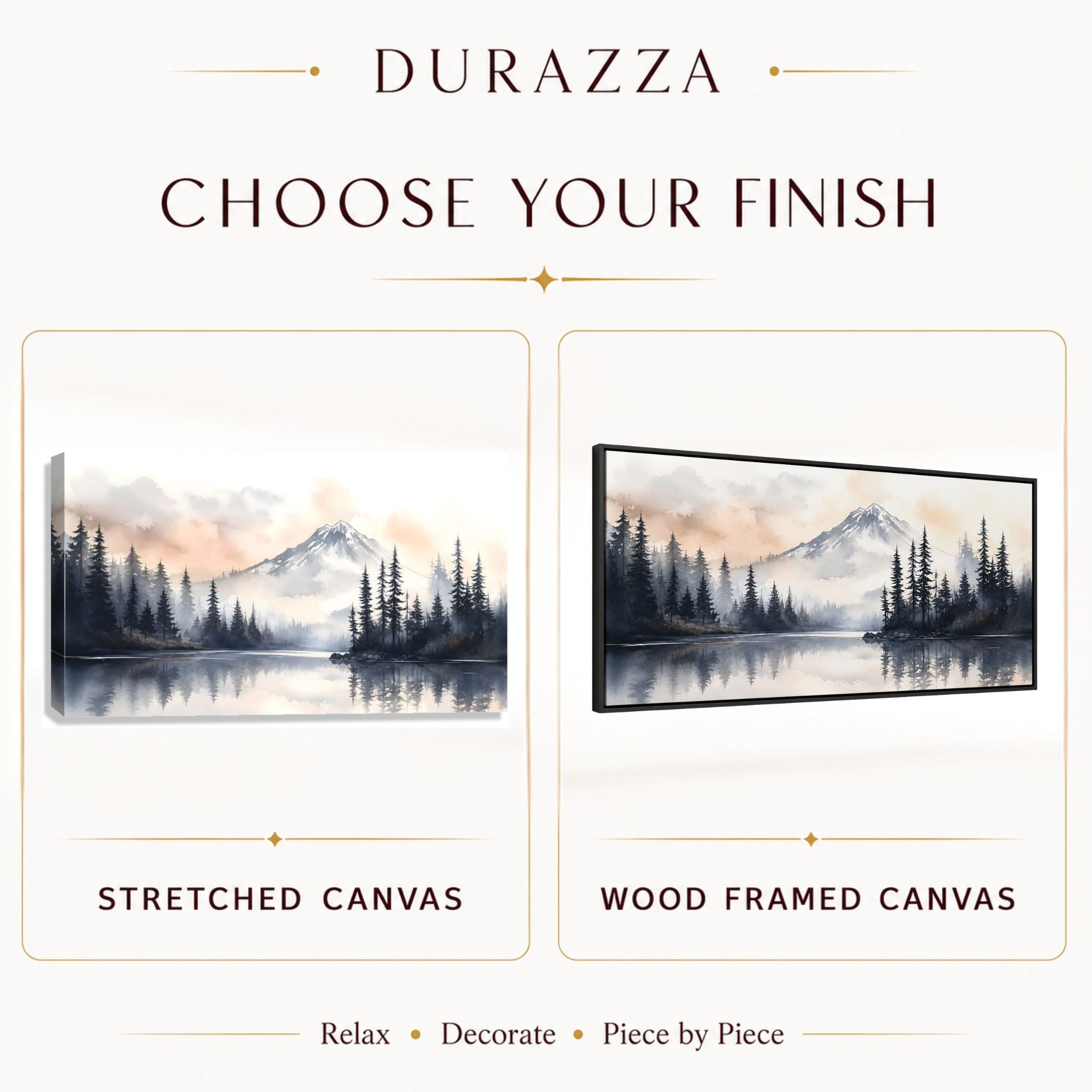Two canvas options: stretched canvas and black wood framed, featuring a mountain and lake scene.