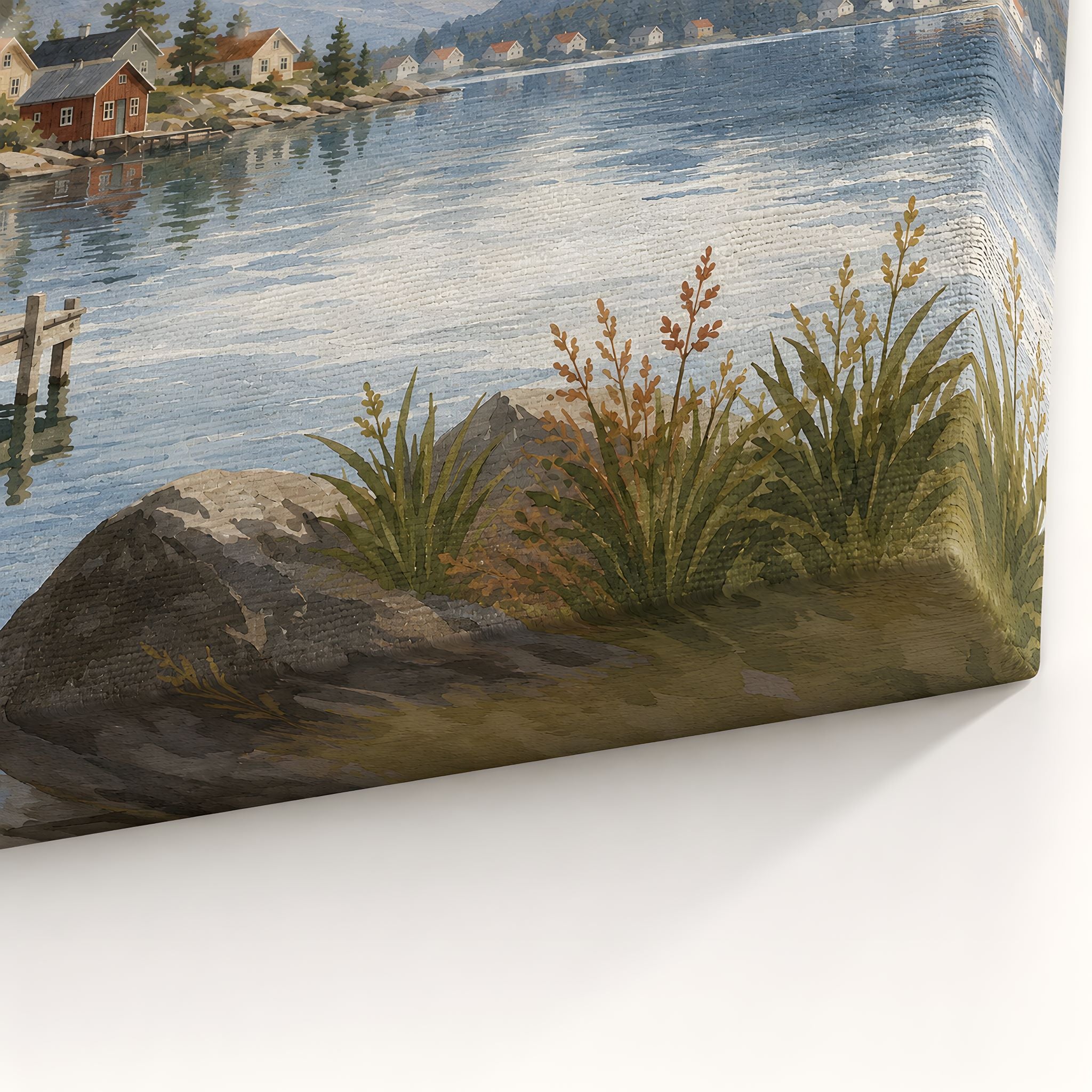 Stretched canvas edge detail with Nordic lake scene and textured wrapped side