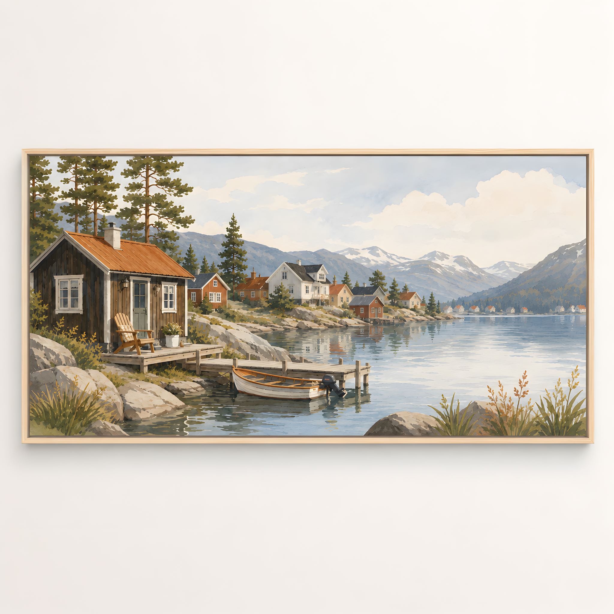Framed fjord landscape canvas with cabin, boat, mountains, and lake reflection.