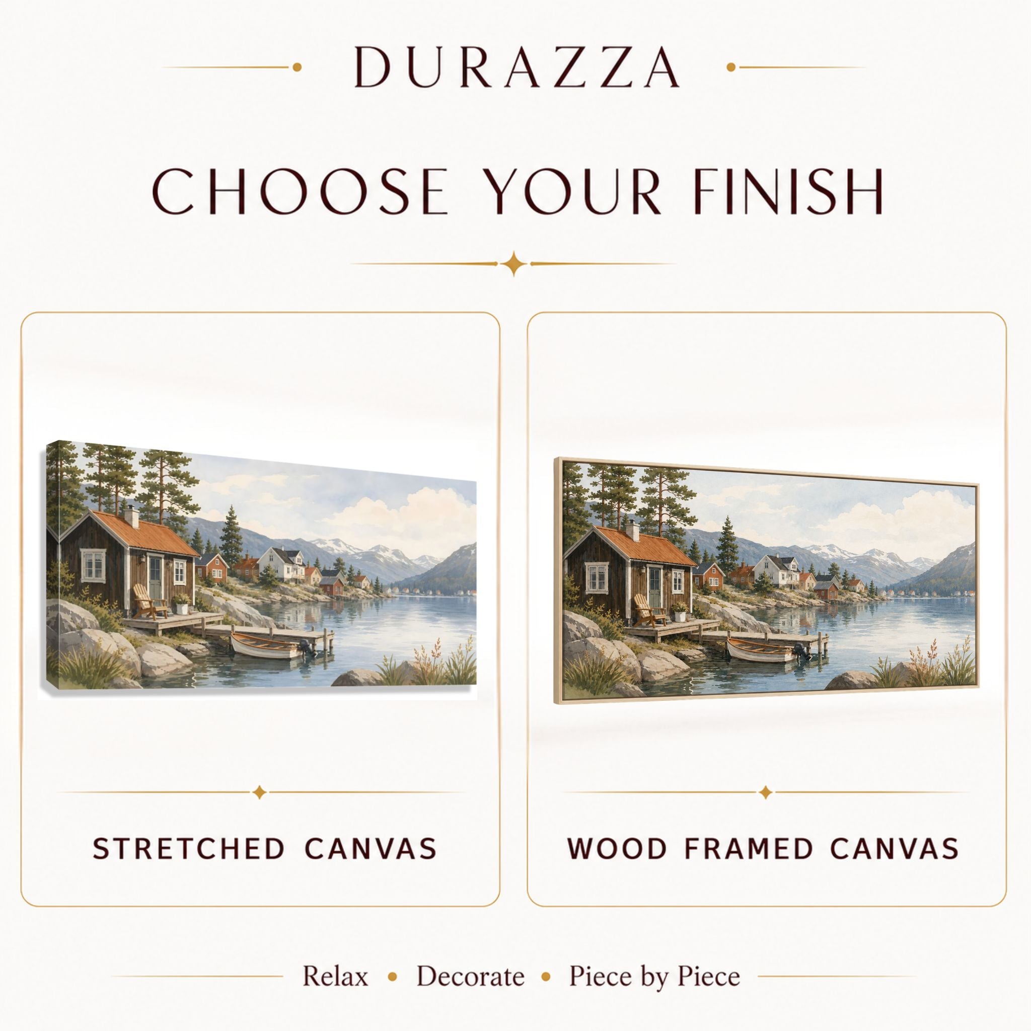 Finish guide showing stretched canvas and wood framed canvas options for Mountain lakeside artwork.