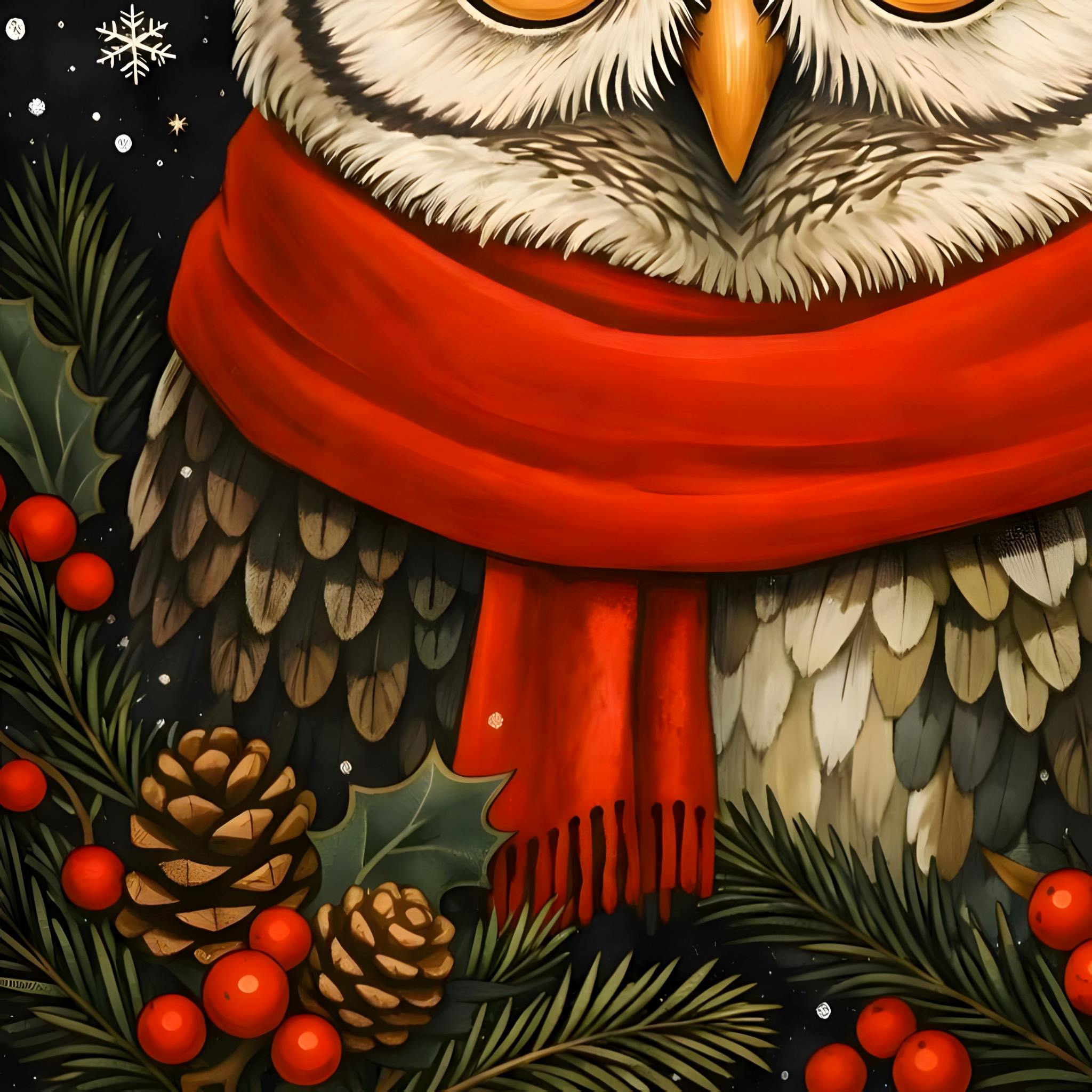 Detailed close up of Owl artwork with a red scarf with Christmas elements on a dark background
