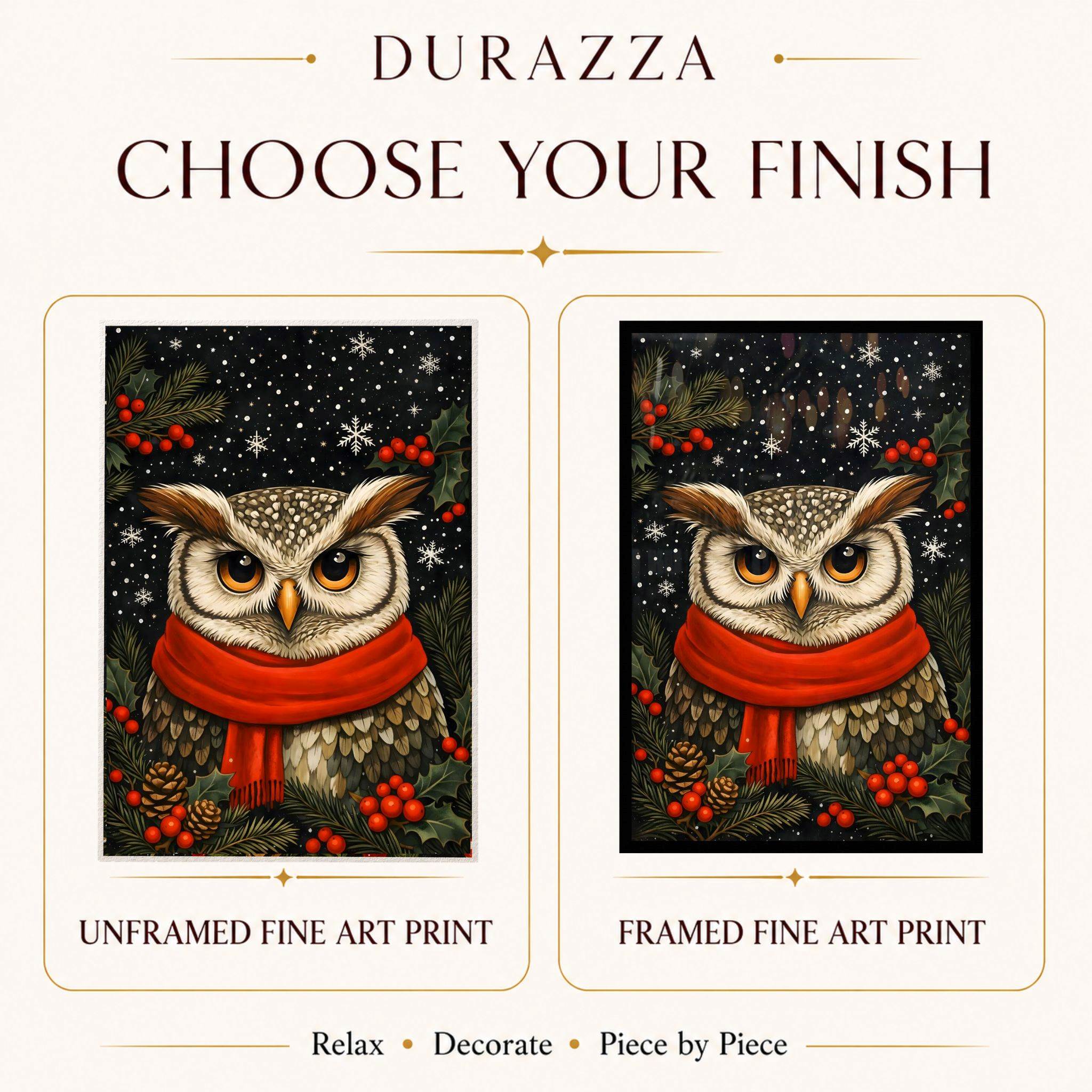 Two owl art prints with red scarves and winter elements, labeled 'Unframed Fine Art Print' and 'Framed Fine Art Print'.