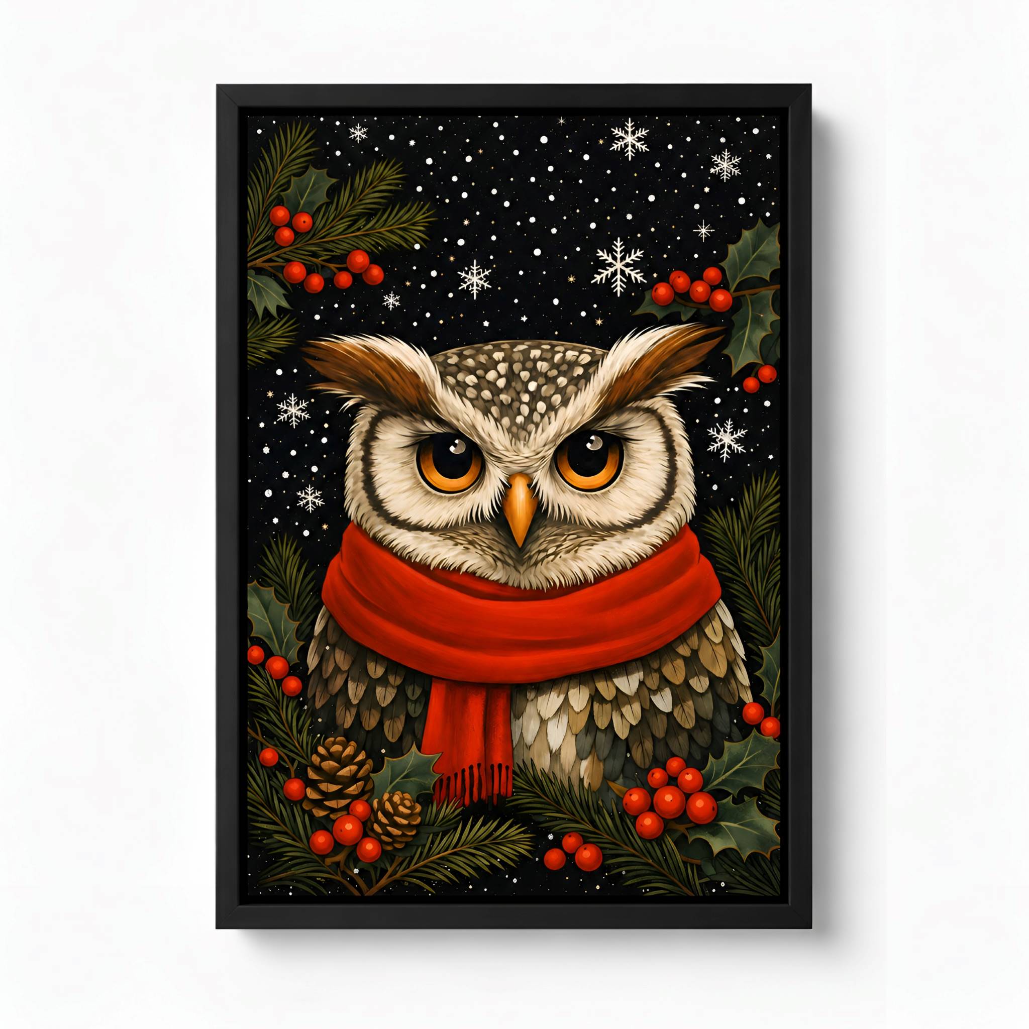 Framed artwork of an owl wearing a red scarf with Christmas elements on a dark winter background.