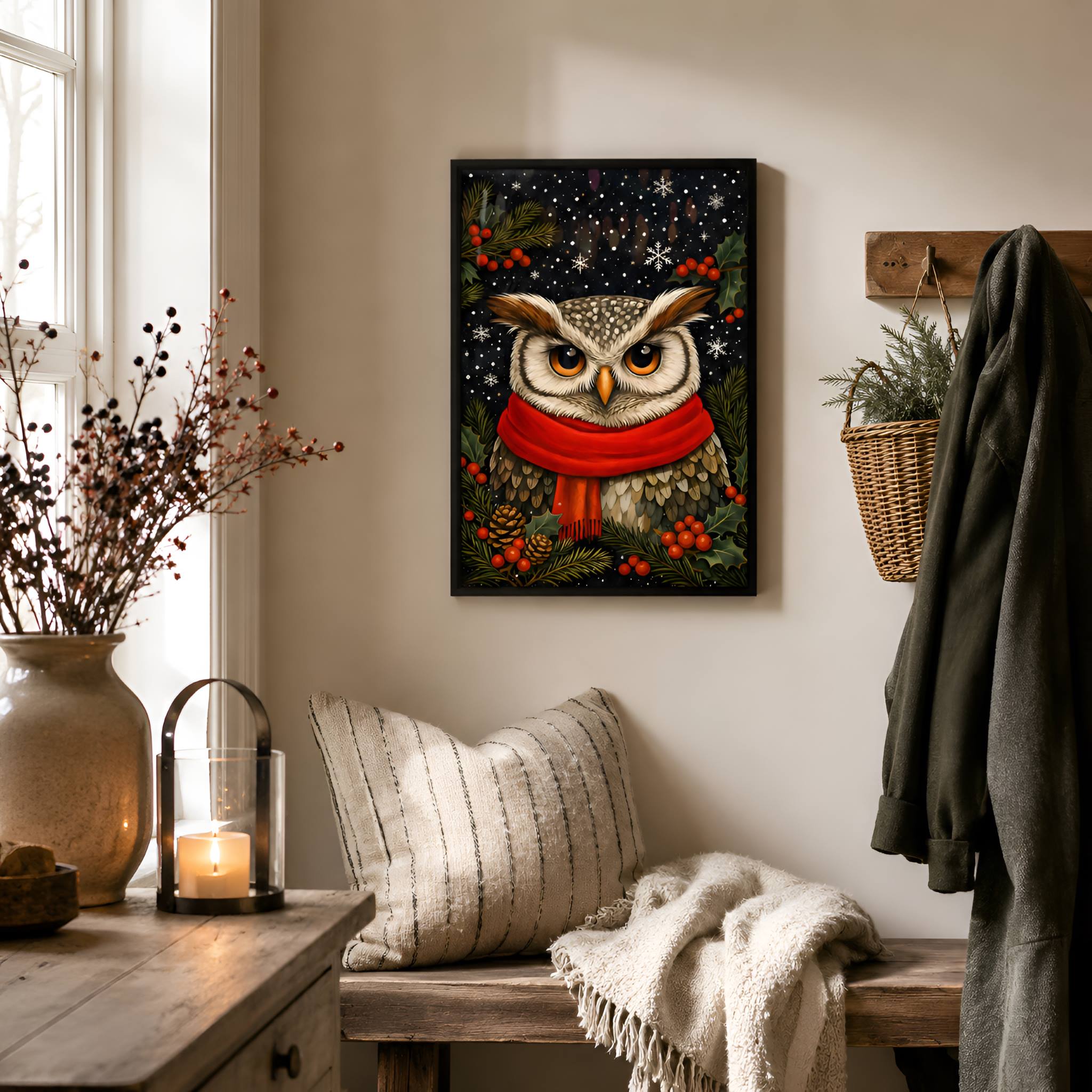 Winter owl painting on a wall above a wooden bench with pillows and a blanket.