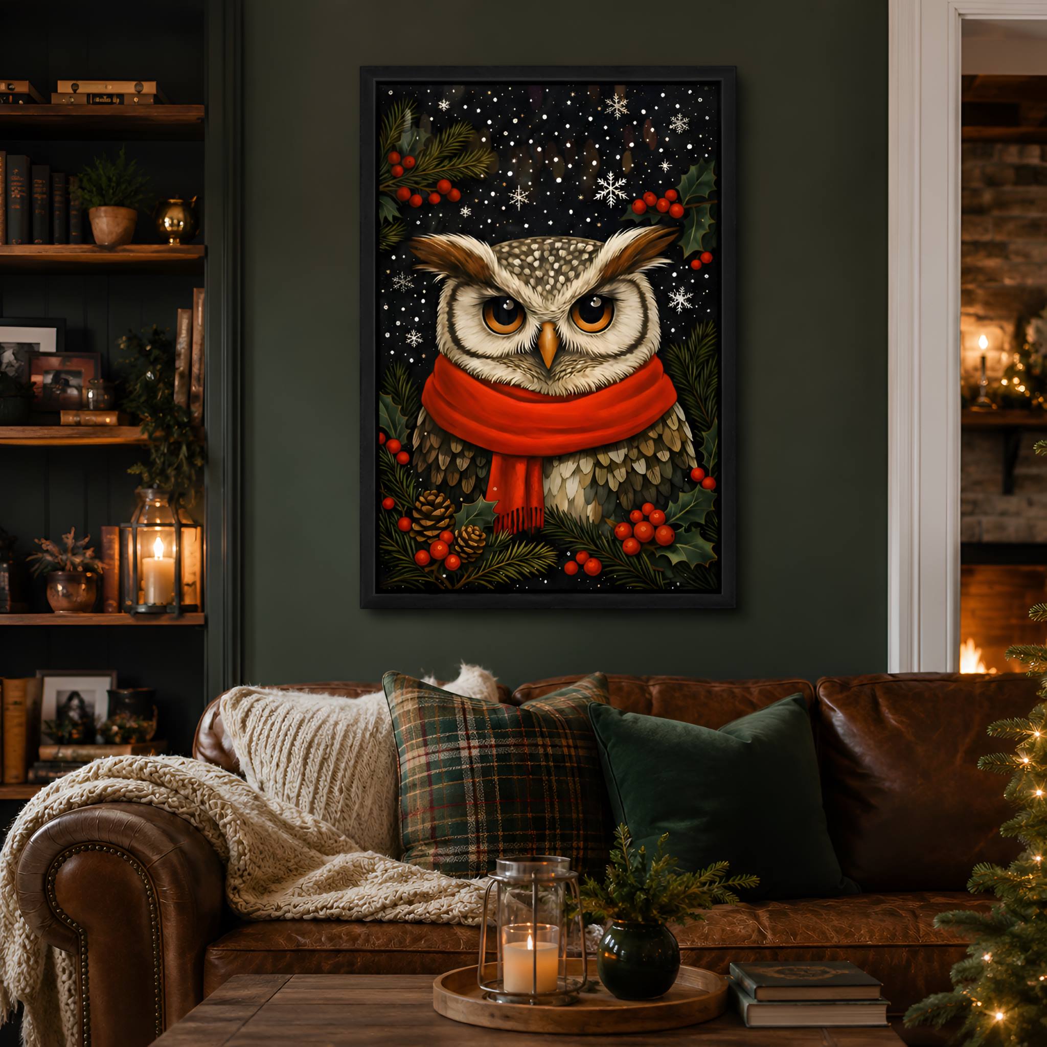 Winter wall art of an owl with a red scarf and snowflakes in a Christmas living room.