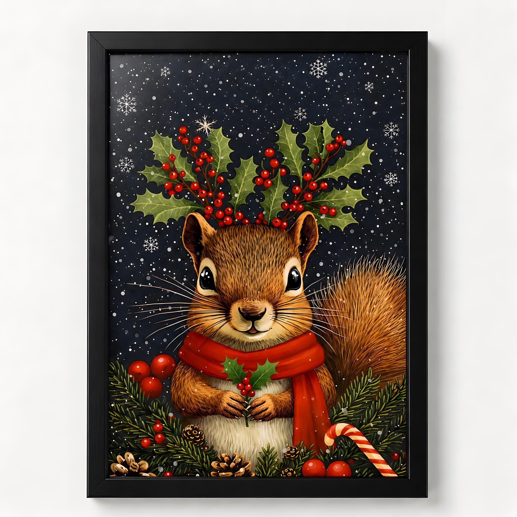 Framed artwork of a winter squirrel with holly and a scarf against a starry night sky.