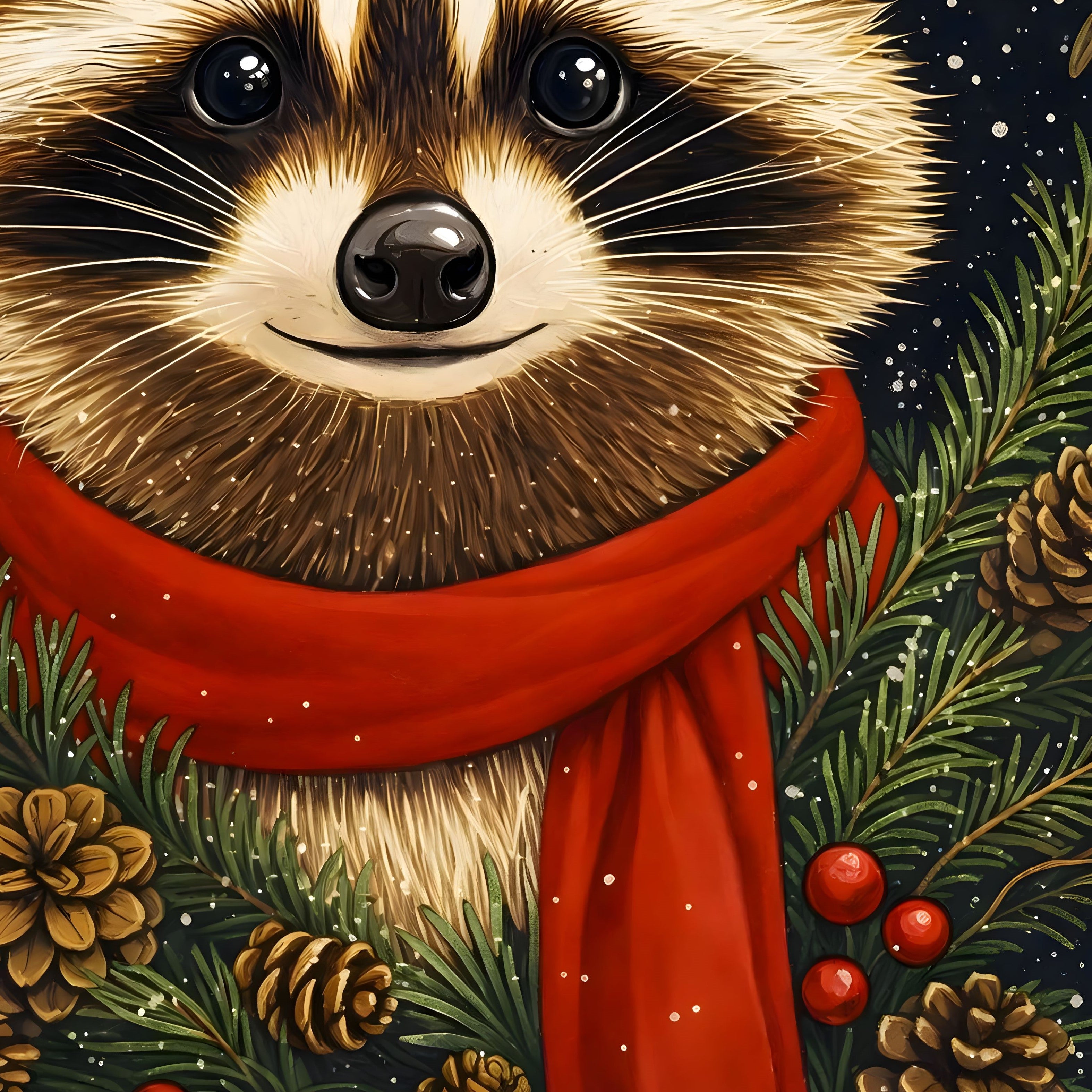 Close-up details of a raccoon wearing a red scarf with Christmas elements like pine cones and berries.