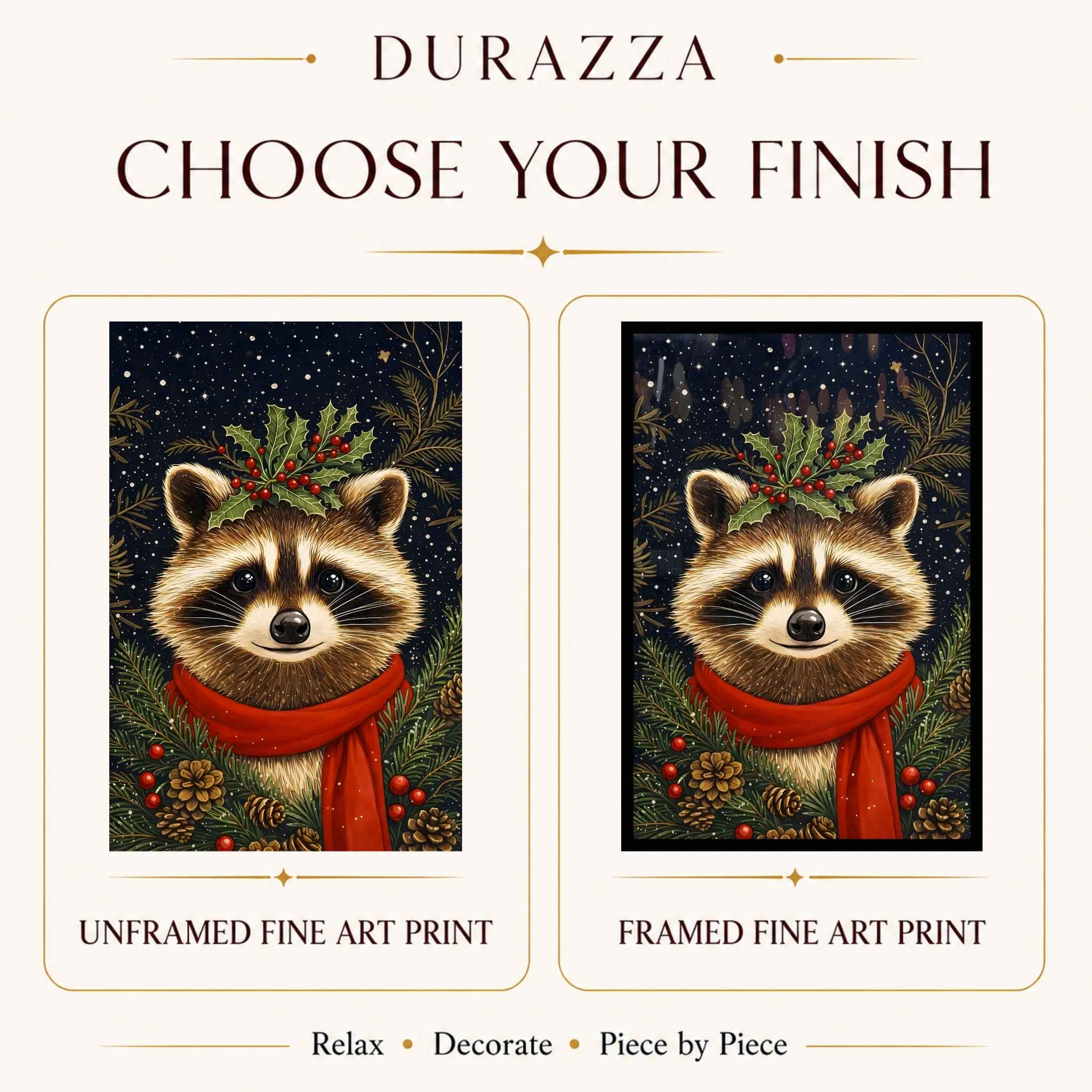 Product display of raccoon fine art print with 'Durazza' branding and options to choose between unframed and framed prints.
