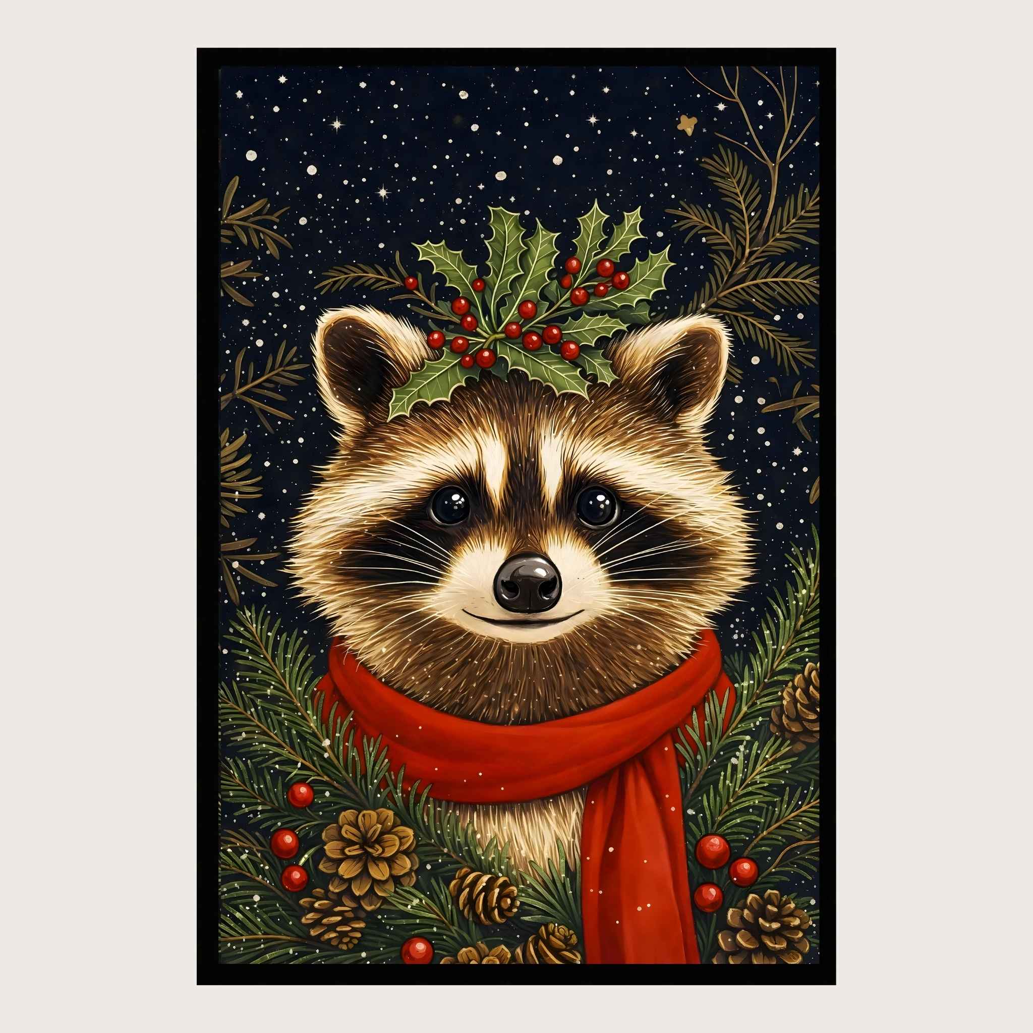 Framed wall art of a raccoon wearing a red scarf with holly leaves and berries on a snowy night background.
