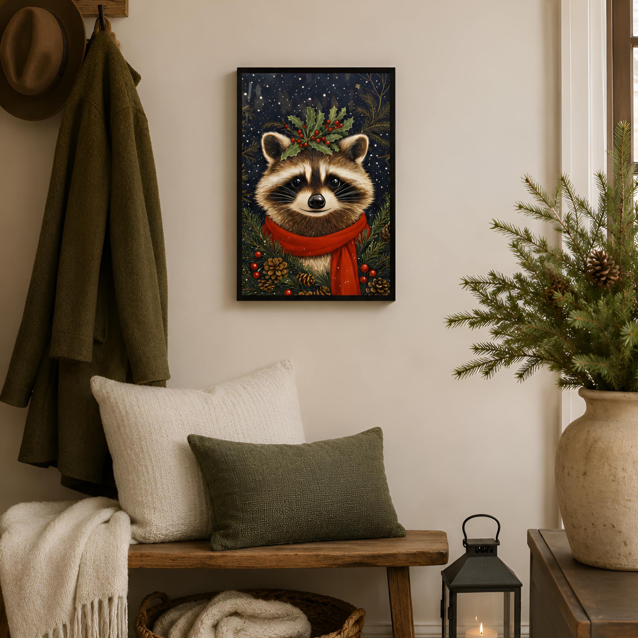 Winter foyer with a raccoon painting, coat, and Christmas decorations.