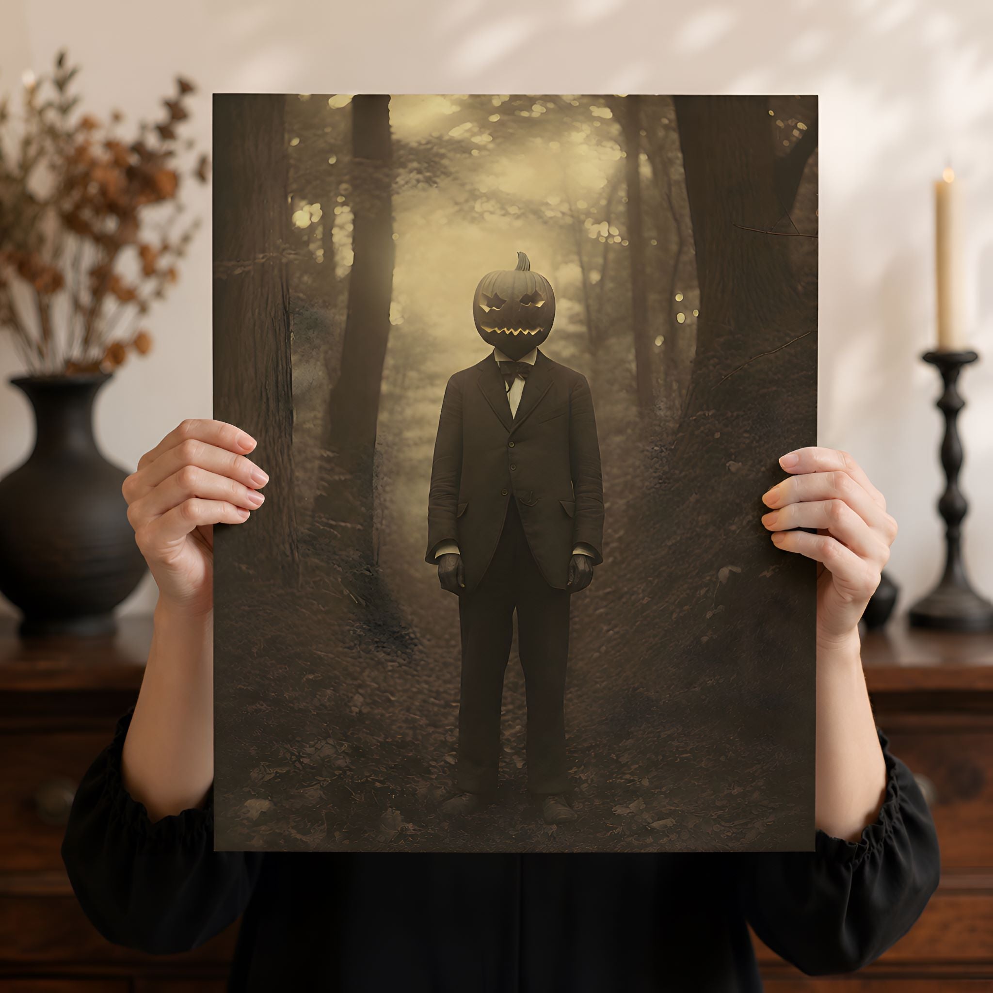 Person holding a Halloween horror poster with a pumpkin-headed figure in a forest.