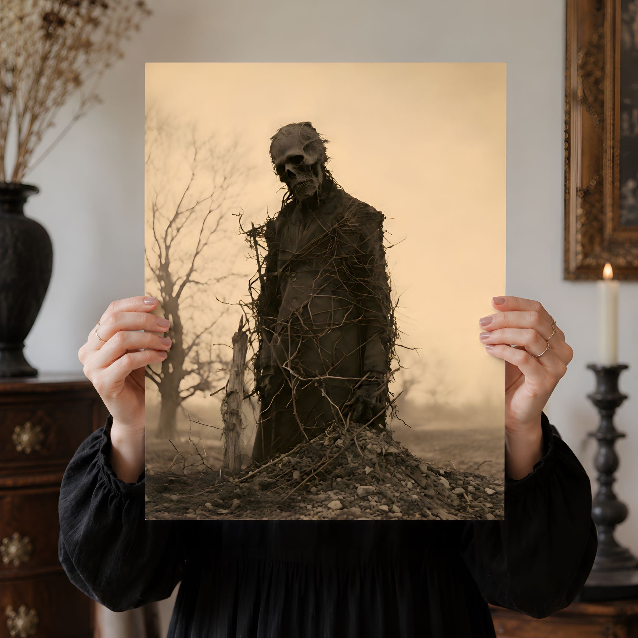 Person holding a gothic art print of a dark, eerie skeleton wrapped in vines standing in the midwest.