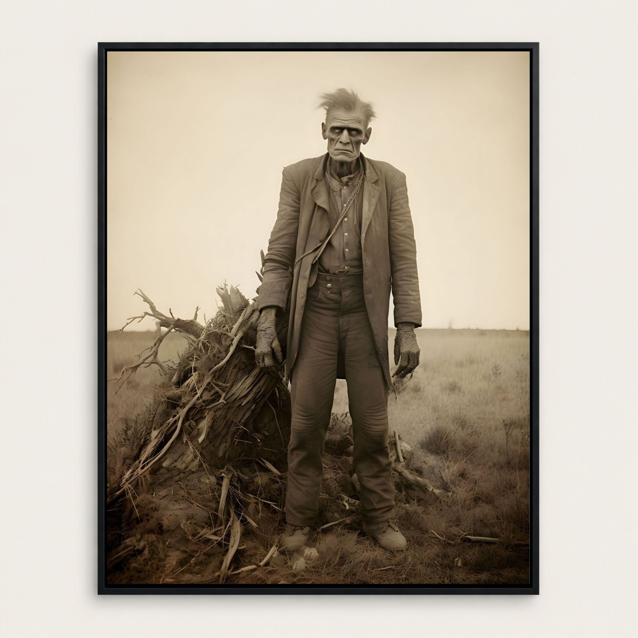 Monster horror portrait of Frankenstein standing in a field with a black frame.