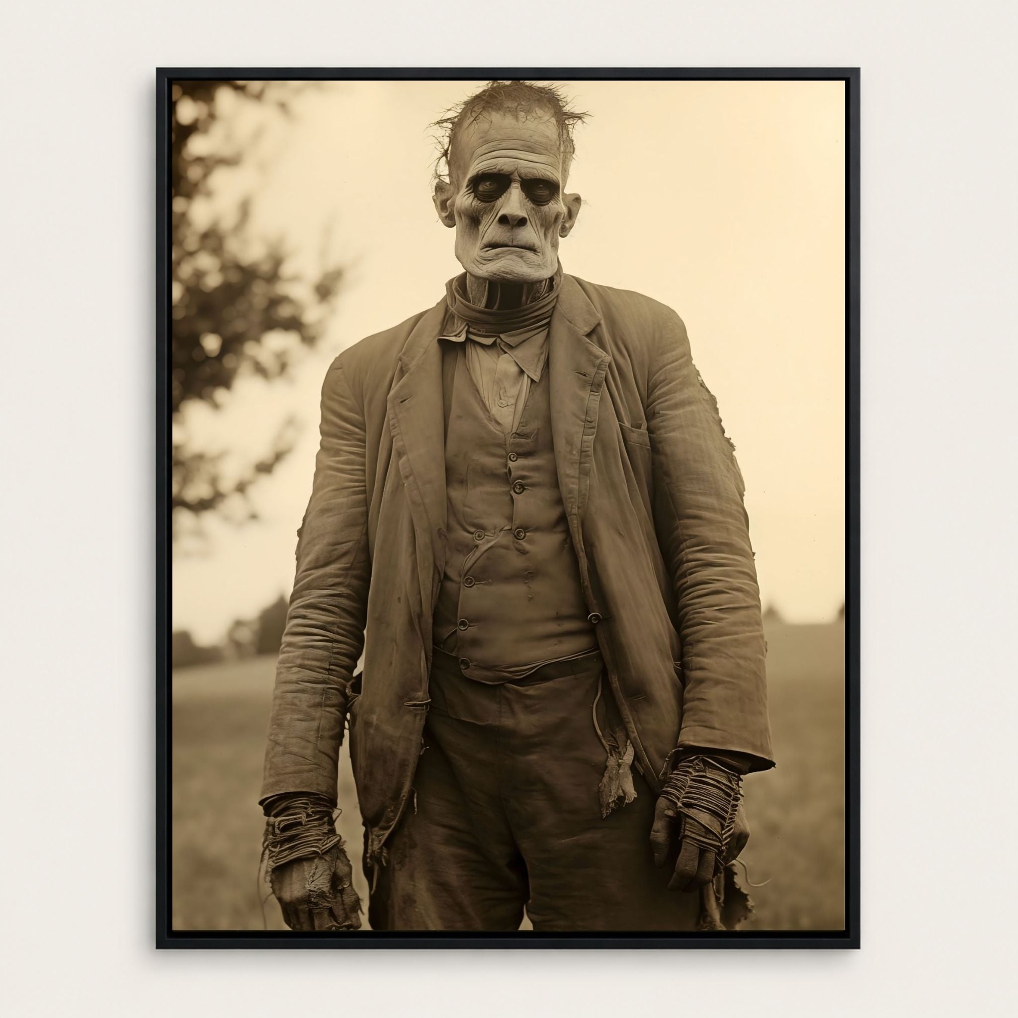 Sepia-toned portrait of a literary character Frankenstein with a blurred natural background