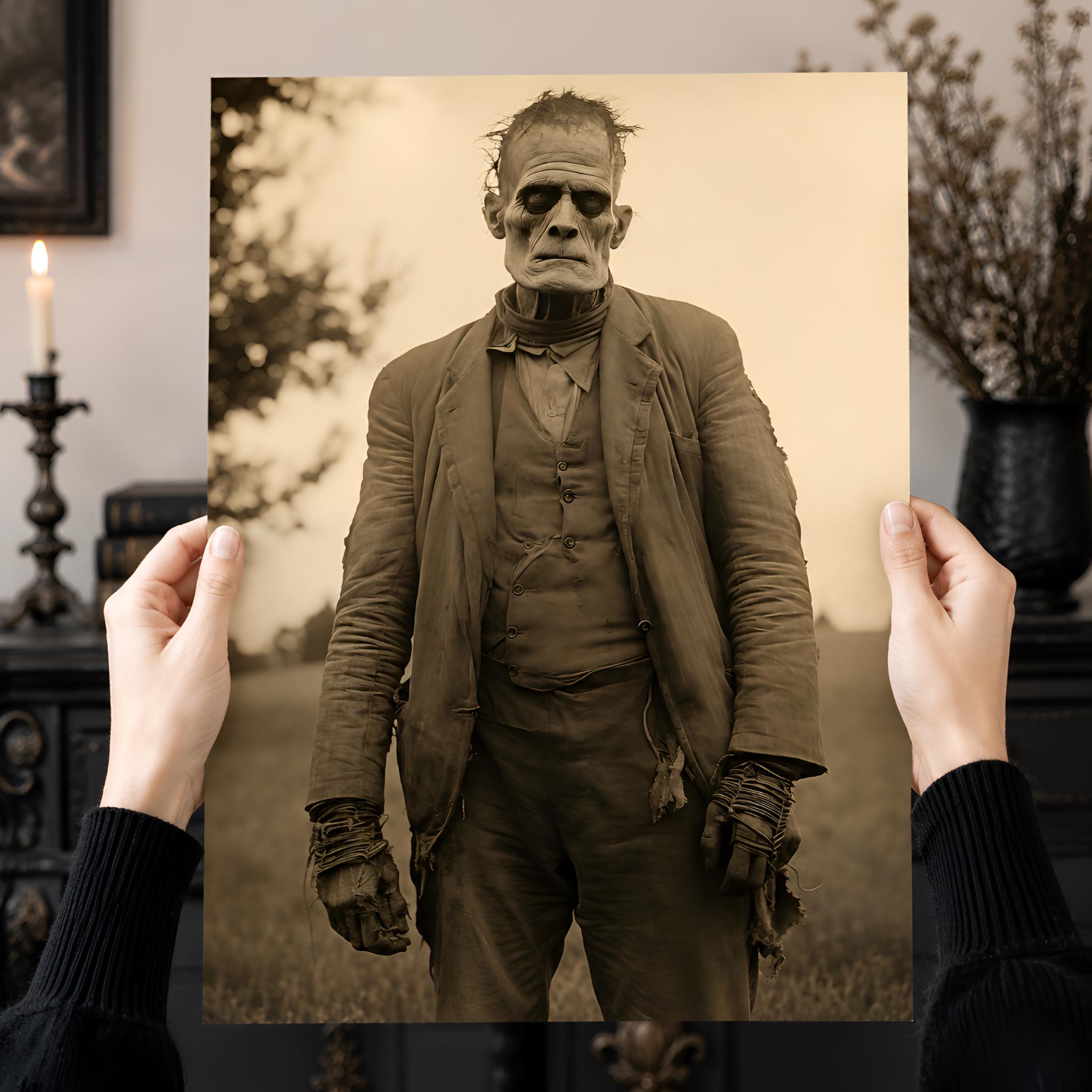 Person holding a Frankenstein picture in a suit in sepia tones.