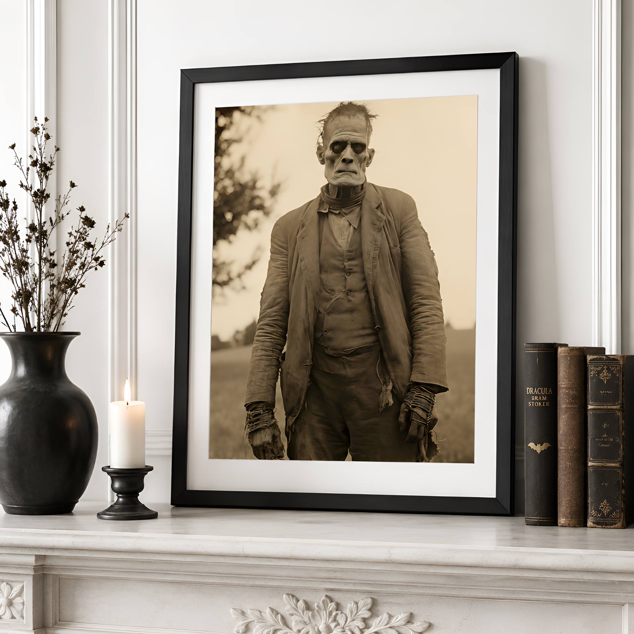 Frankenstein artwork in a Victorian gothic home.