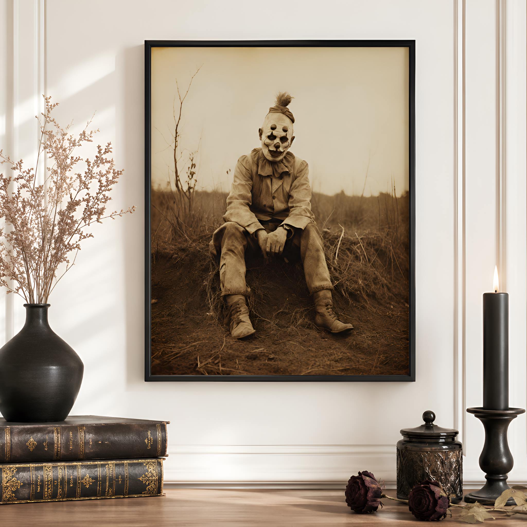 Gothic horror artwork of a clown in a costume sitting in a field, with decorative items on a shelf below.